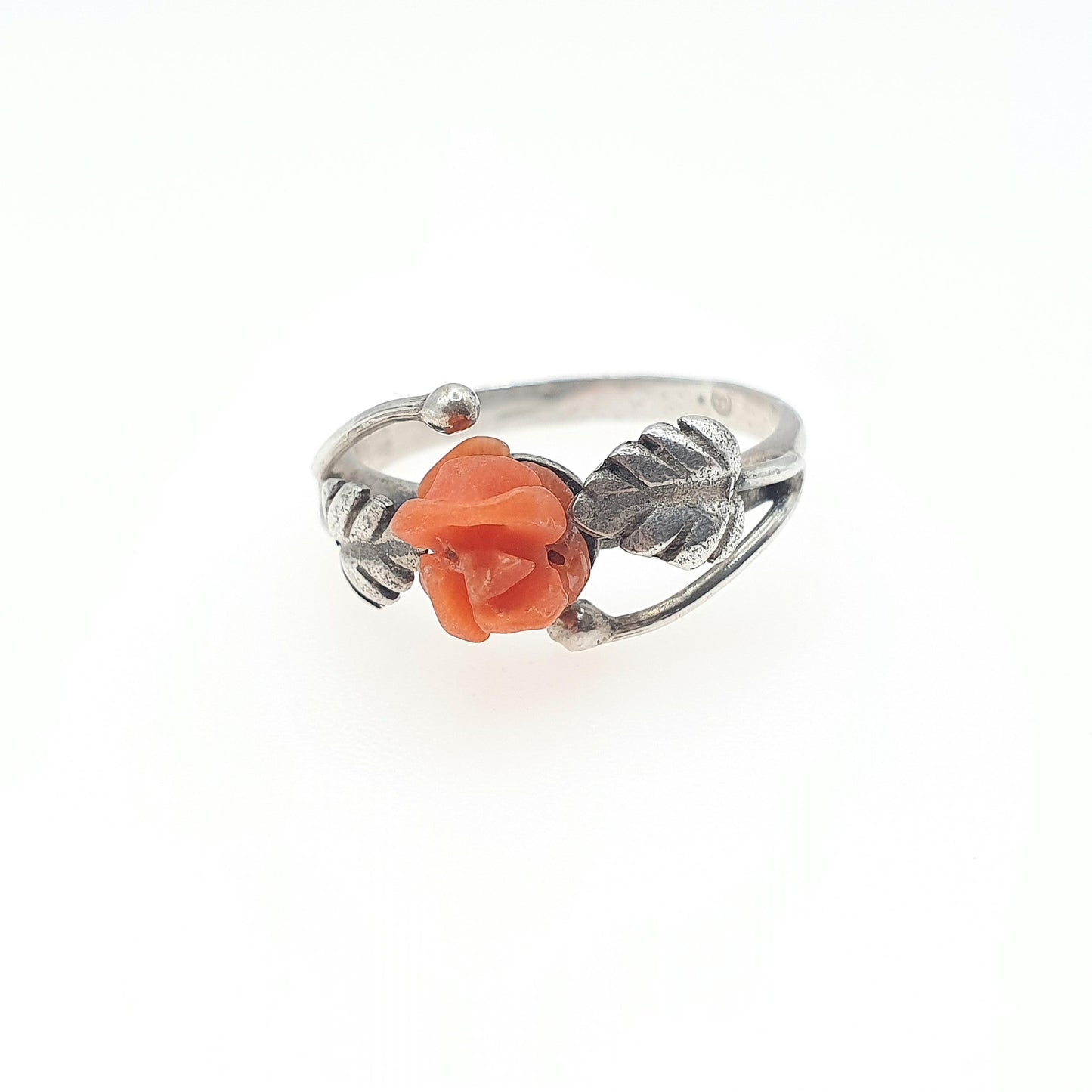 Antique Solid Silver Carved Coral Flower Ring Hand Carved Gemstone Orange Womens Ladies Jewelry Jewellery