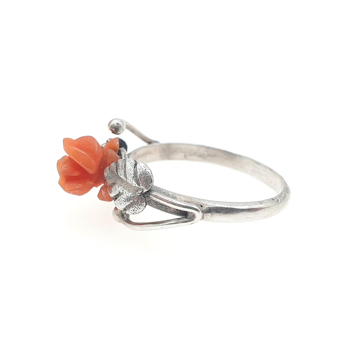 Antique Solid Silver Carved Coral Flower Ring Hand Carved Gemstone Orange Womens Ladies Jewelry Jewellery