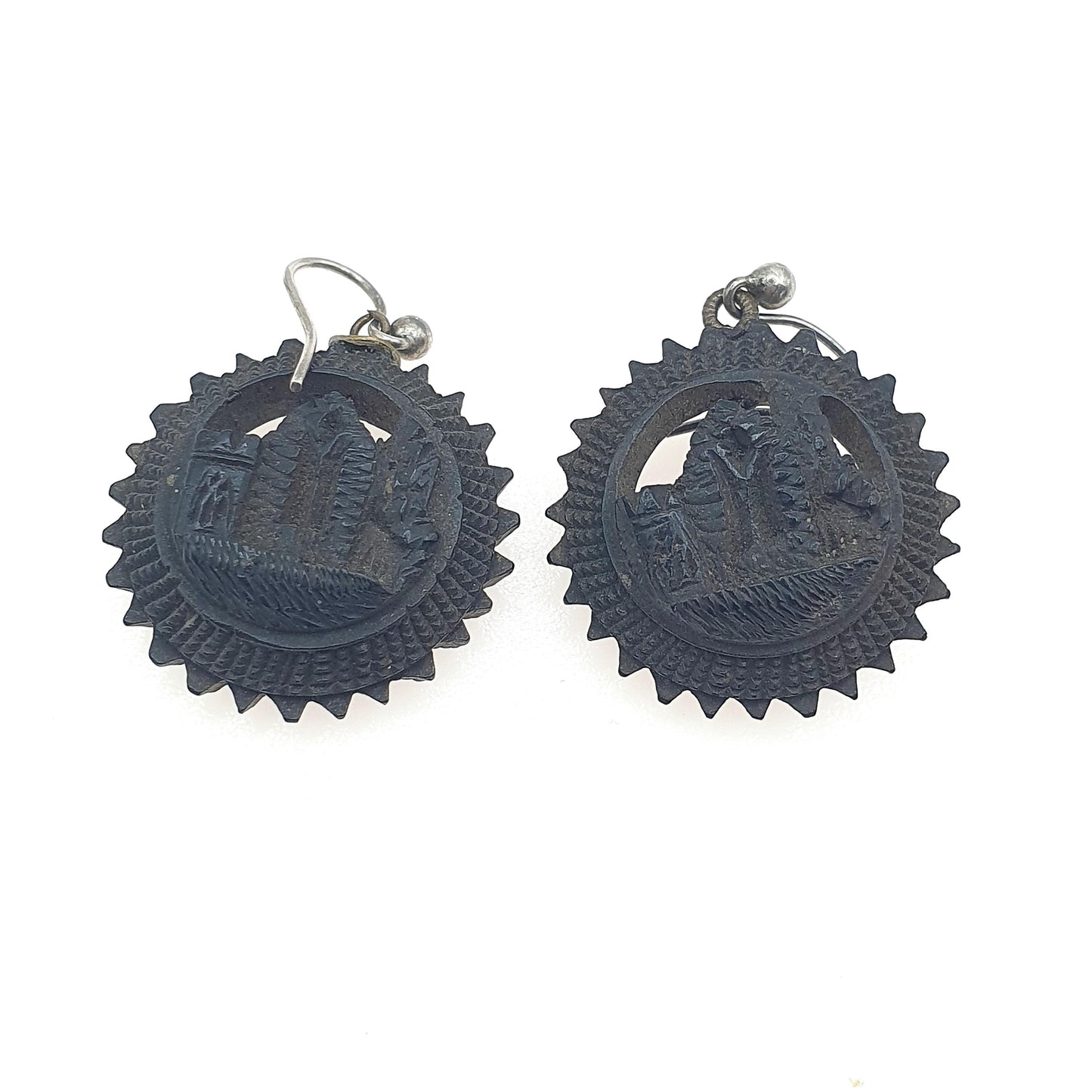 Antique Victorian Black Vulcanite Earrings Castle Whitby Abbey Designed to look like Whitby Jet Jewelry Jewellery Old Vintage Womens