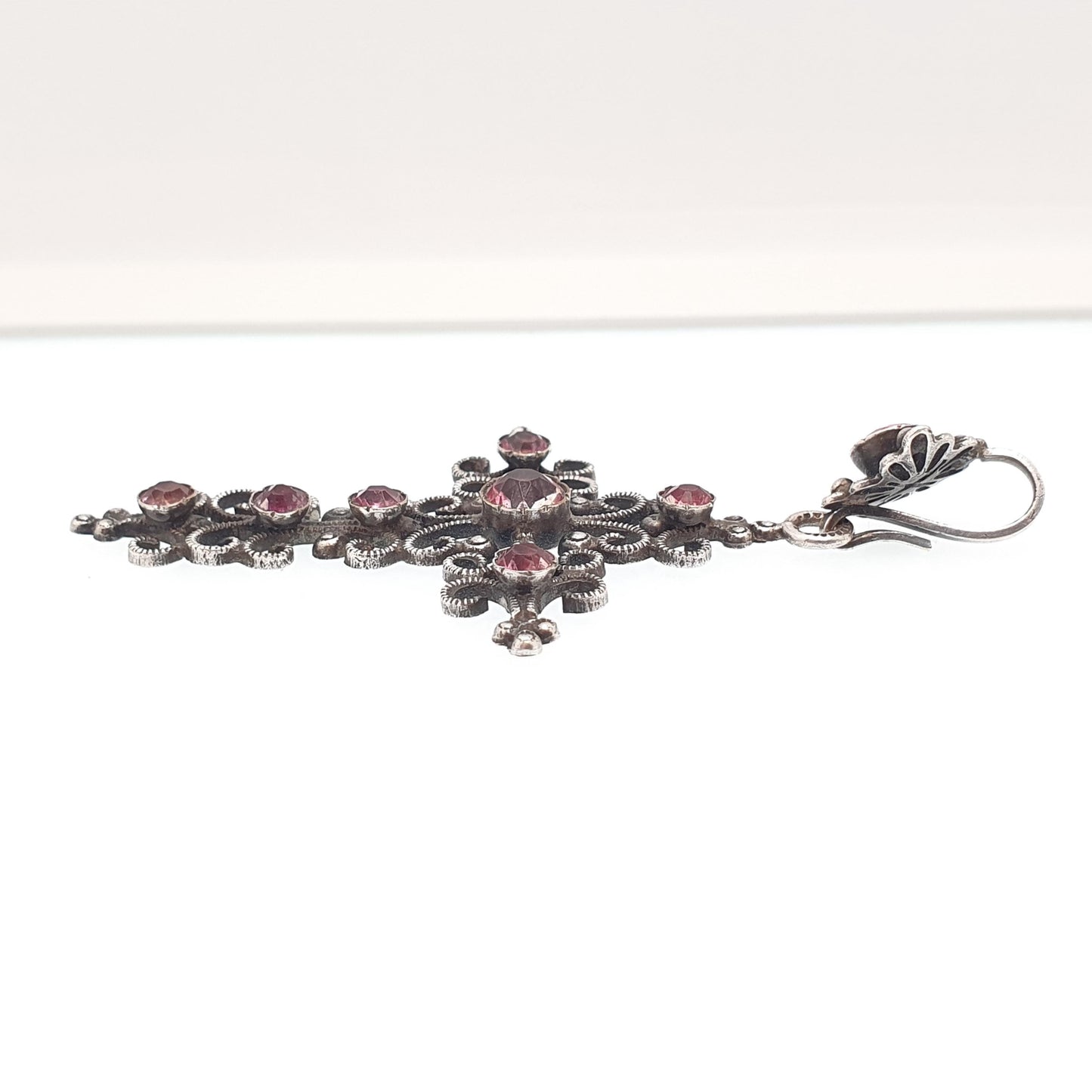 Antique Victorian Pink Paste Crucifix Pendant Silver Plate Necklace Cross Filigree Foiled Pastes Early Victorian Jewellery Jewelry