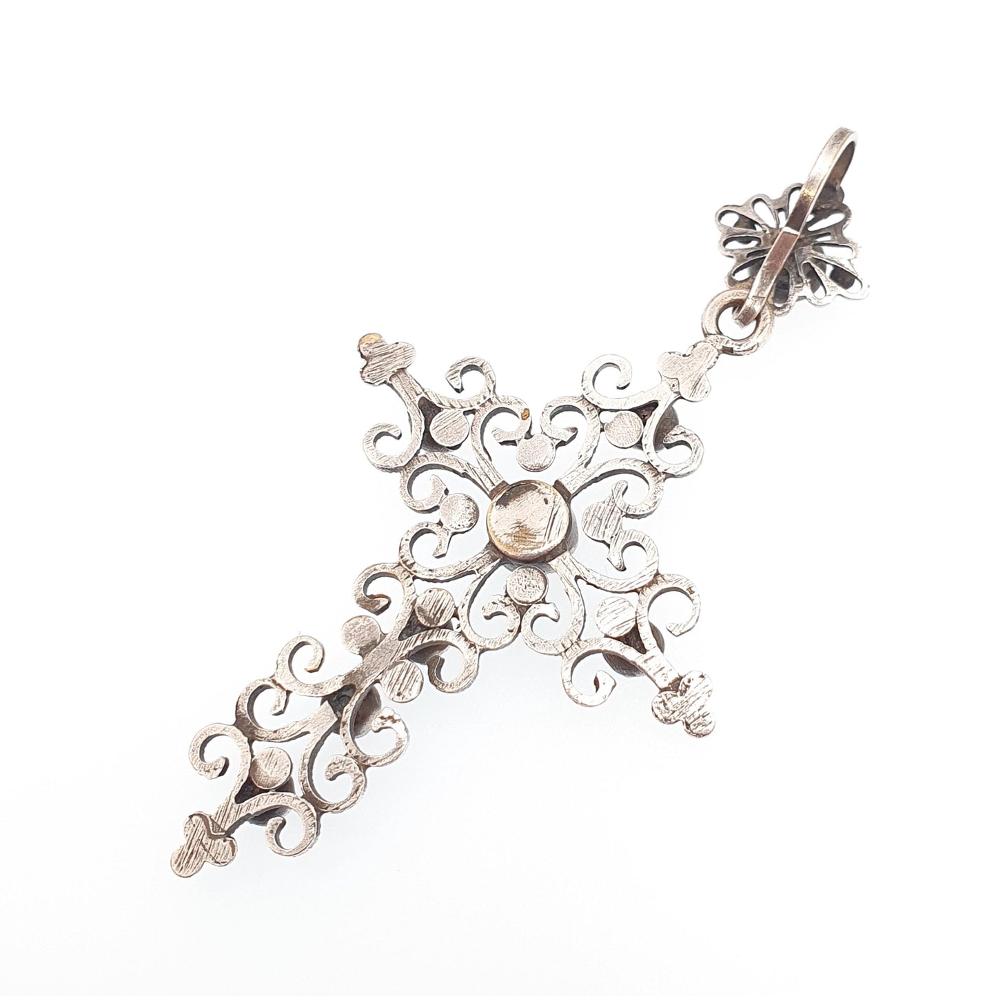 Antique Victorian Pink Paste Crucifix Pendant Silver Plate Necklace Cross Filigree Foiled Pastes Early Victorian Jewellery Jewelry