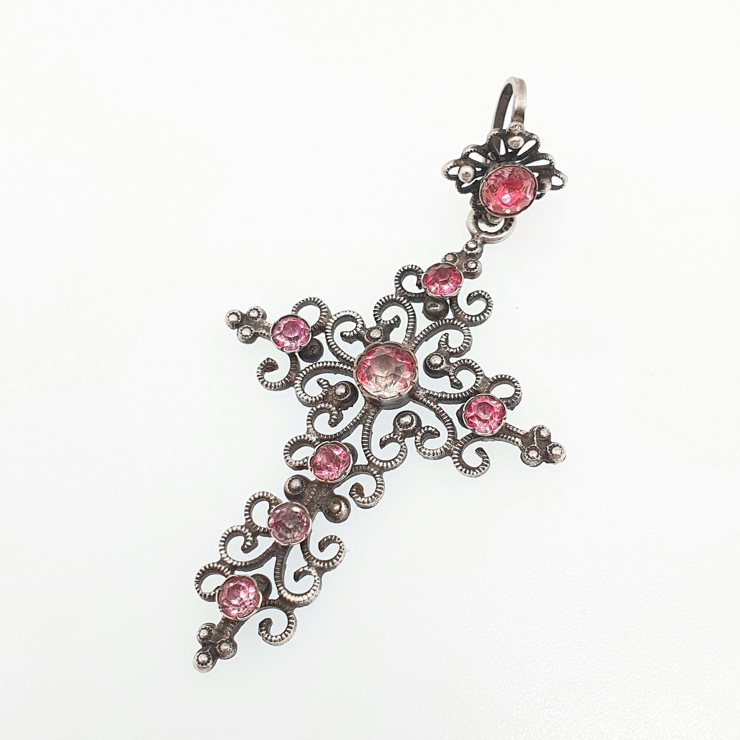 Antique Victorian Pink Paste Crucifix Pendant Silver Plate Necklace Cross Filigree Foiled Pastes Early Victorian Jewellery Jewelry