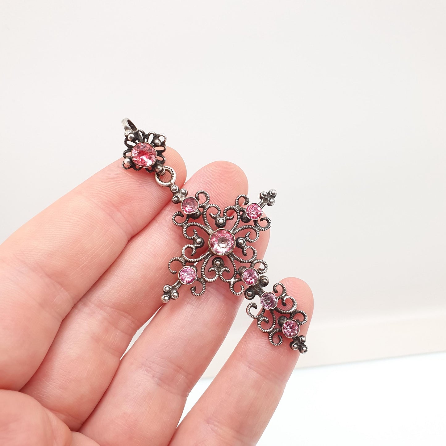 Antique Victorian Pink Paste Crucifix Pendant Silver Plate Necklace Cross Filigree Foiled Pastes Early Victorian Jewellery Jewelry