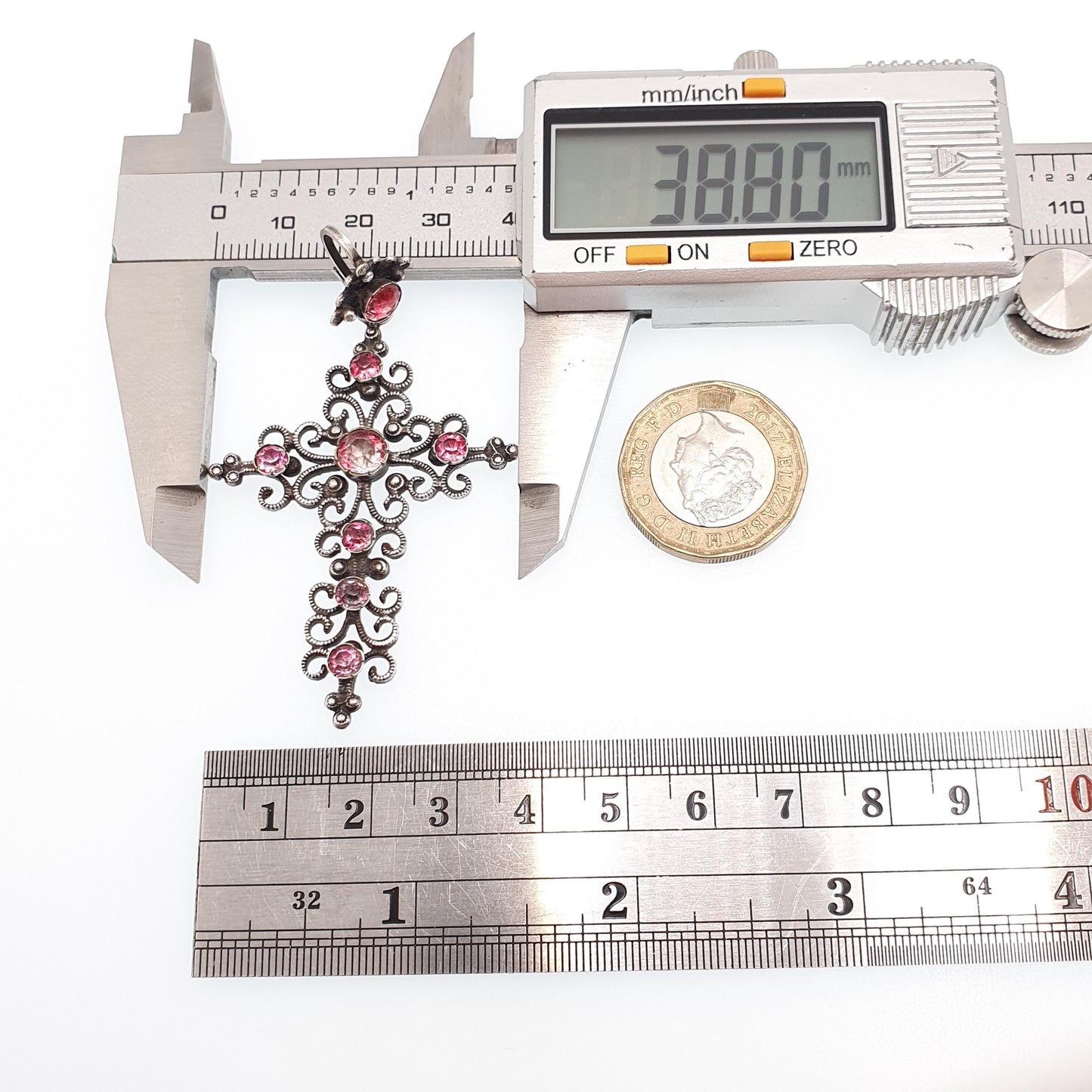 Antique Victorian Pink Paste Crucifix Pendant Silver Plate Necklace Cross Filigree Foiled Pastes Early Victorian Jewellery Jewelry