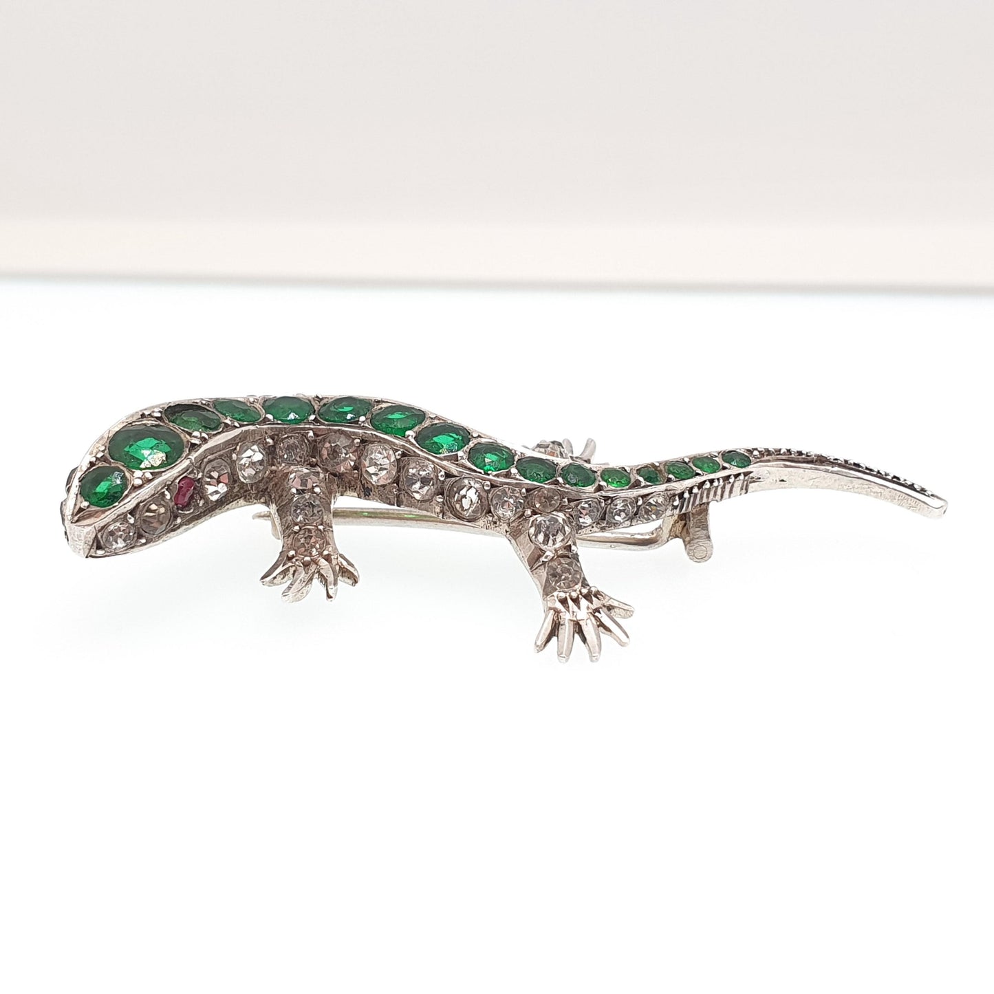 Antique Victorian Solid Silver Lizard Brooch Emerald & Diamond Paste Pastes Reptile Animal Gecko Vintage Womens Retro Jewelry Jewellery