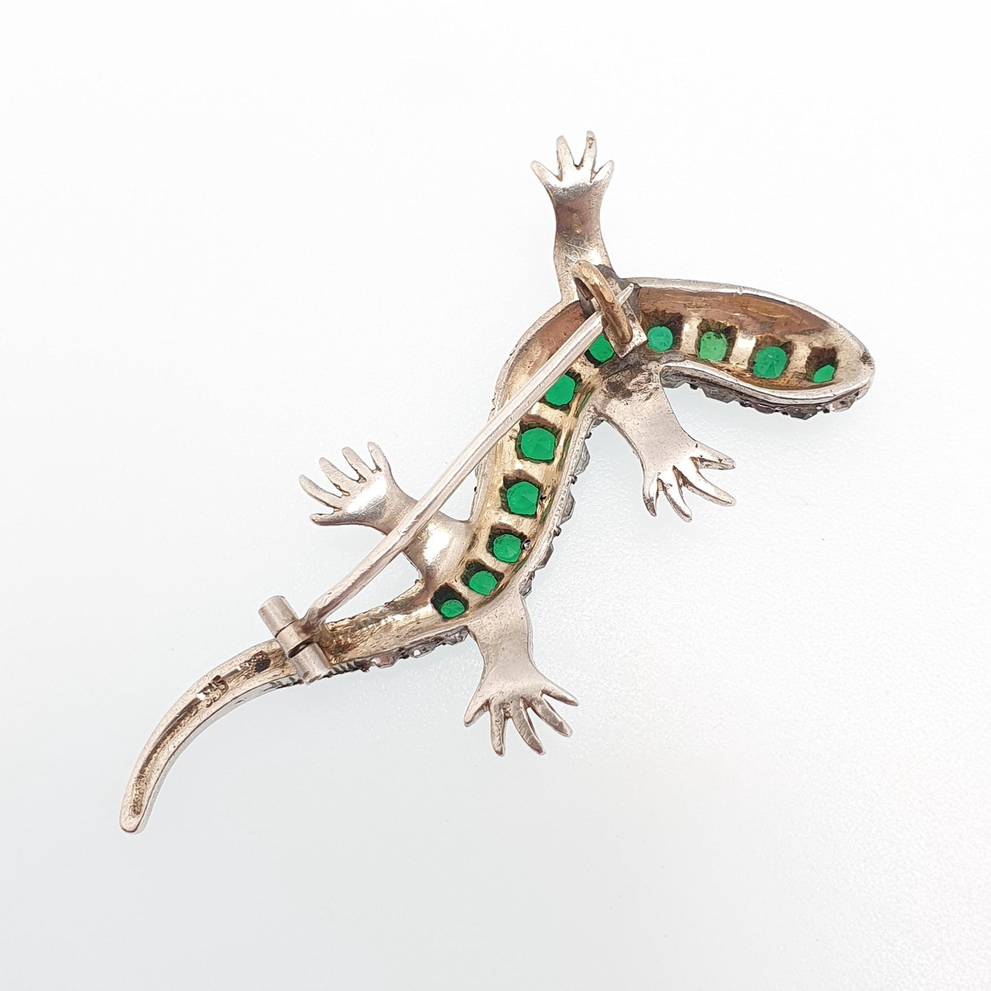 Antique Victorian Solid Silver Lizard Brooch Emerald & Diamond Paste Pastes Reptile Animal Gecko Vintage Womens Retro Jewelry Jewellery