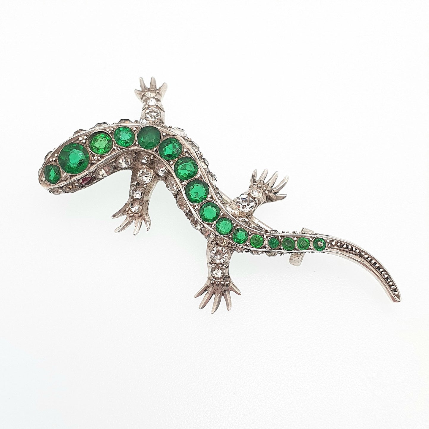 Antique Victorian Solid Silver Lizard Brooch Emerald & Diamond Paste Pastes Reptile Animal Gecko Vintage Womens Retro Jewelry Jewellery