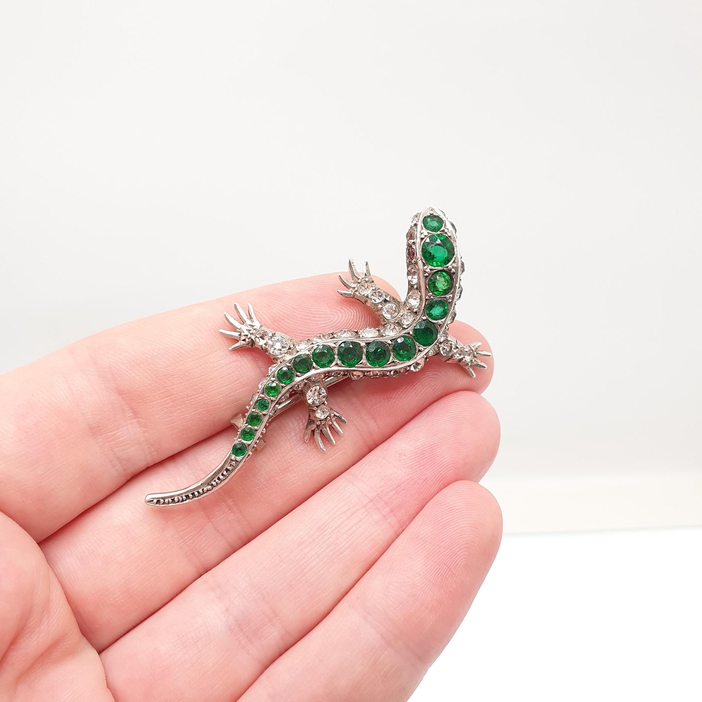 Antique Victorian Solid Silver Lizard Brooch Emerald & Diamond Paste Pastes Reptile Animal Gecko Vintage Womens Retro Jewelry Jewellery