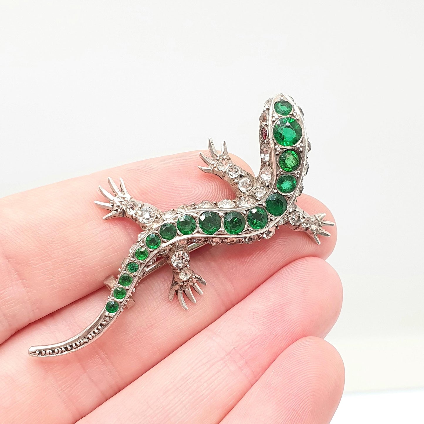 Antique Victorian Solid Silver Lizard Brooch Emerald & Diamond Paste Pastes Reptile Animal Gecko Vintage Womens Retro Jewelry Jewellery