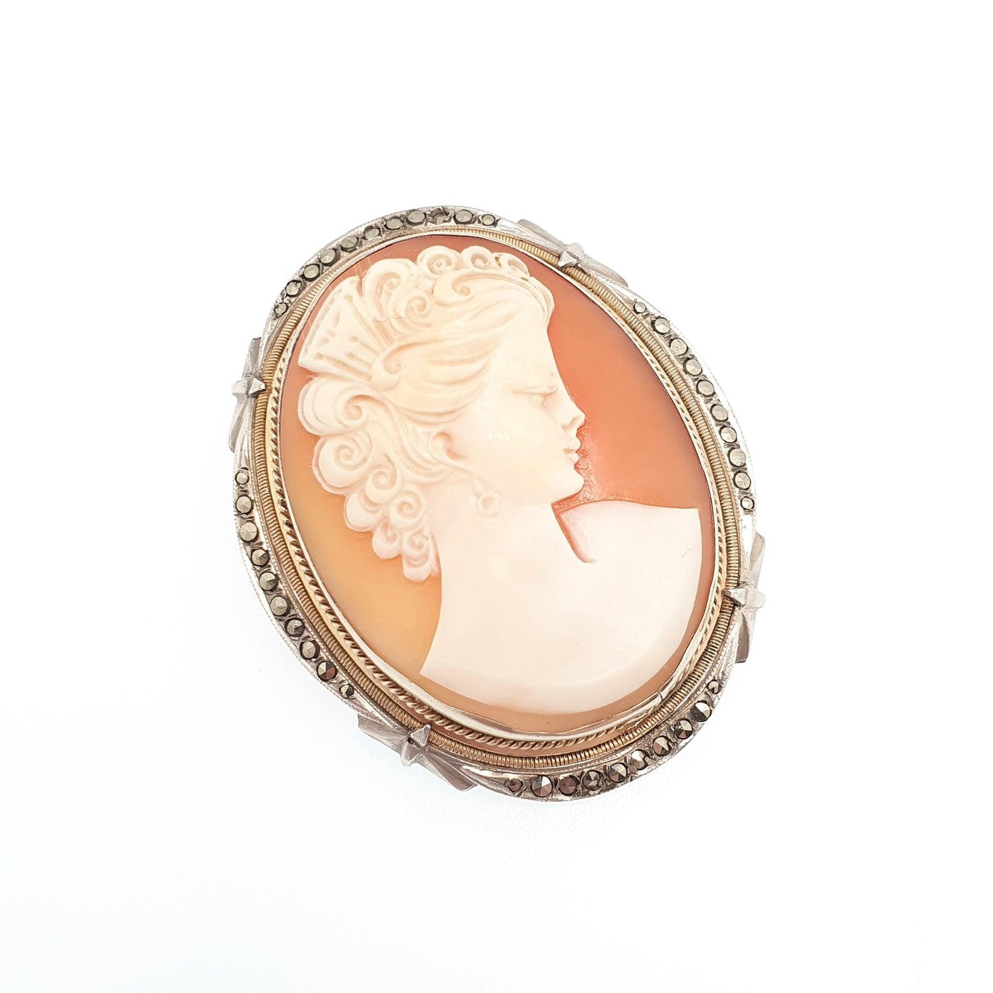 Antique Solid Silver Cameo Pendant Brooch Pin Large Big Genuine Shell Art Deco 1920s Marcasite Border Oval Italian Womens Jewelry Jewellery