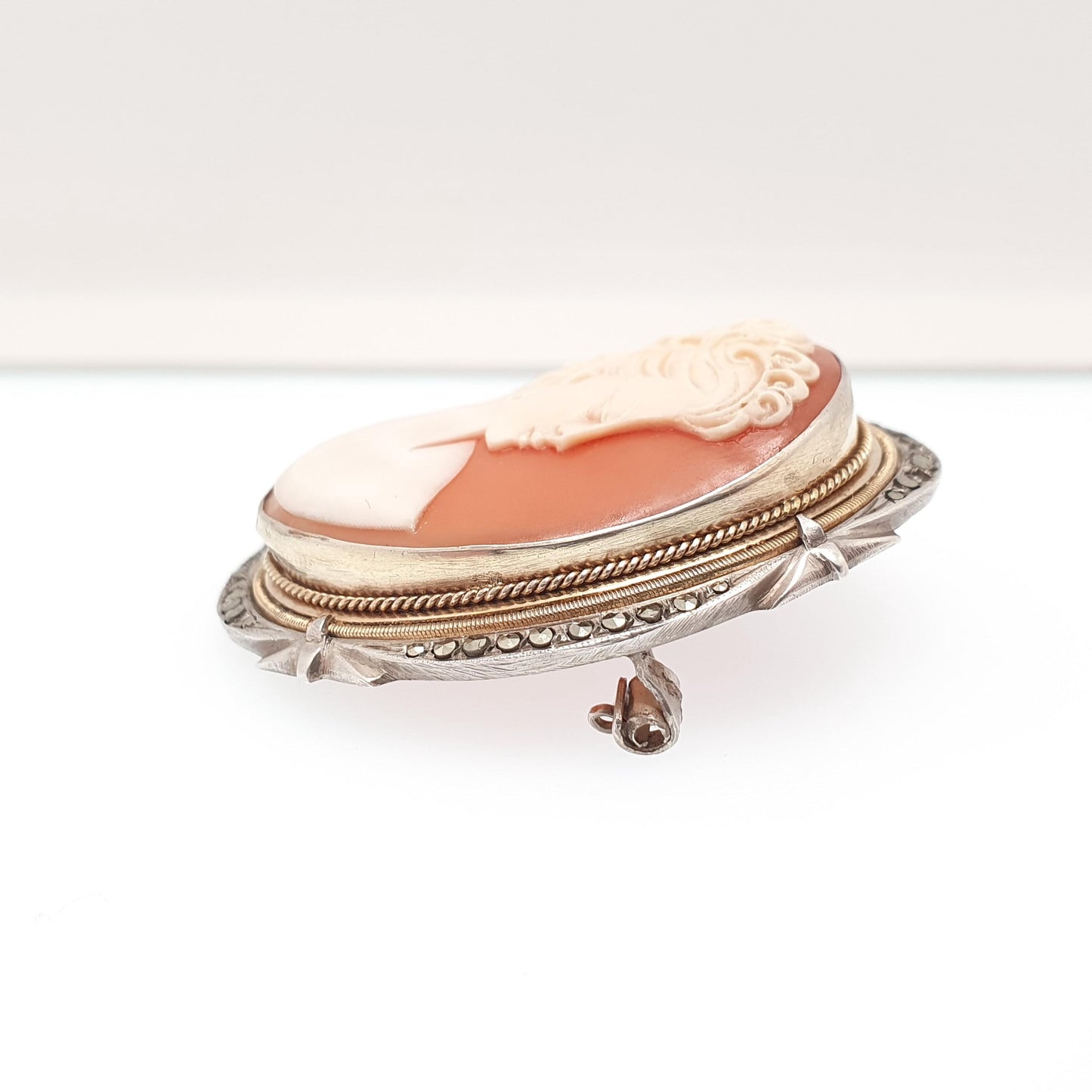 Antique Solid Silver Cameo Pendant Brooch Pin Large Big Genuine Shell Art Deco 1920s Marcasite Border Oval Italian Womens Jewelry Jewellery