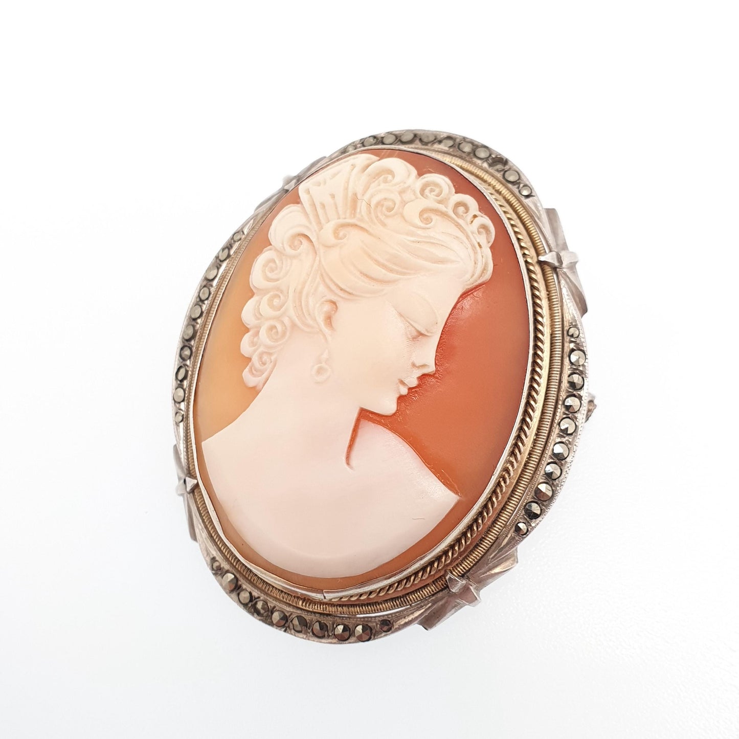 Antique Solid Silver Cameo Pendant Brooch Pin Large Big Genuine Shell Art Deco 1920s Marcasite Border Oval Italian Womens Jewelry Jewellery