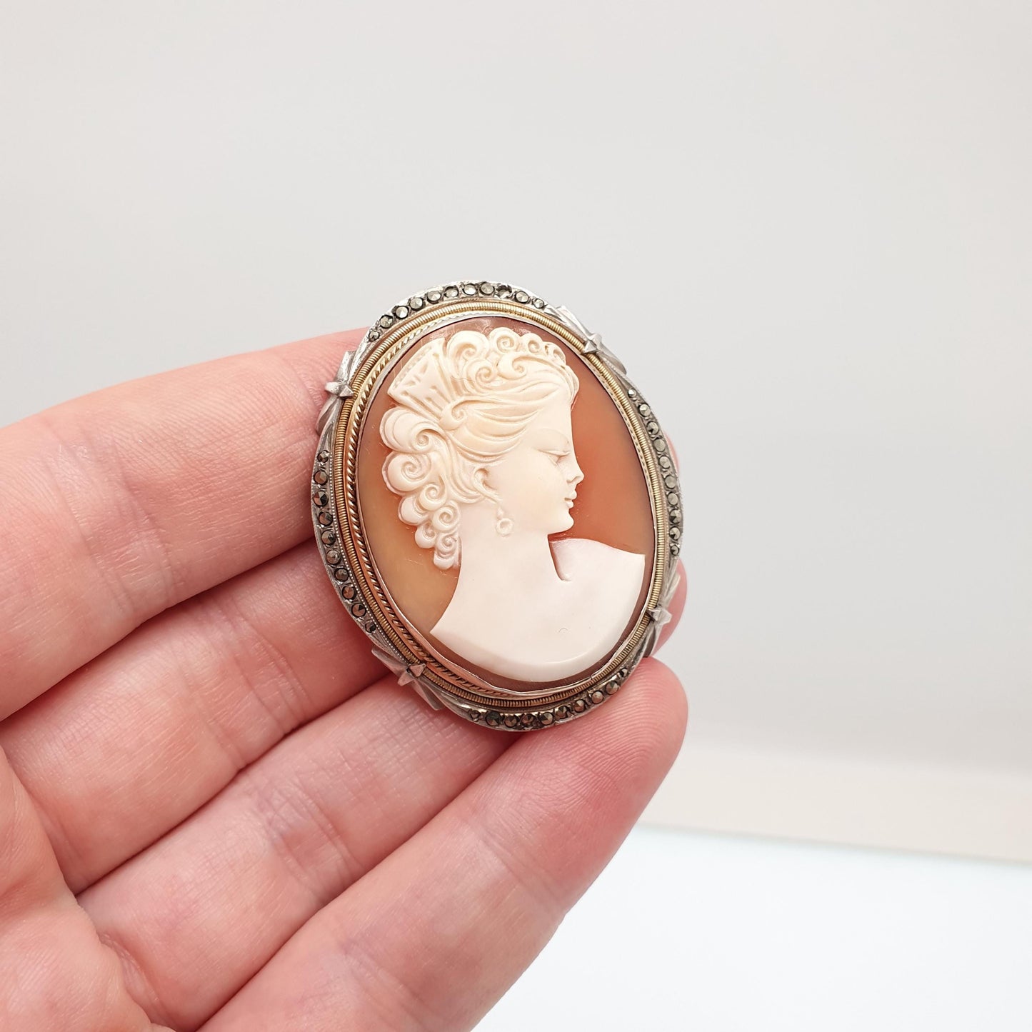 Antique Solid Silver Cameo Pendant Brooch Pin Large Big Genuine Shell Art Deco 1920s Marcasite Border Oval Italian Womens Jewelry Jewellery