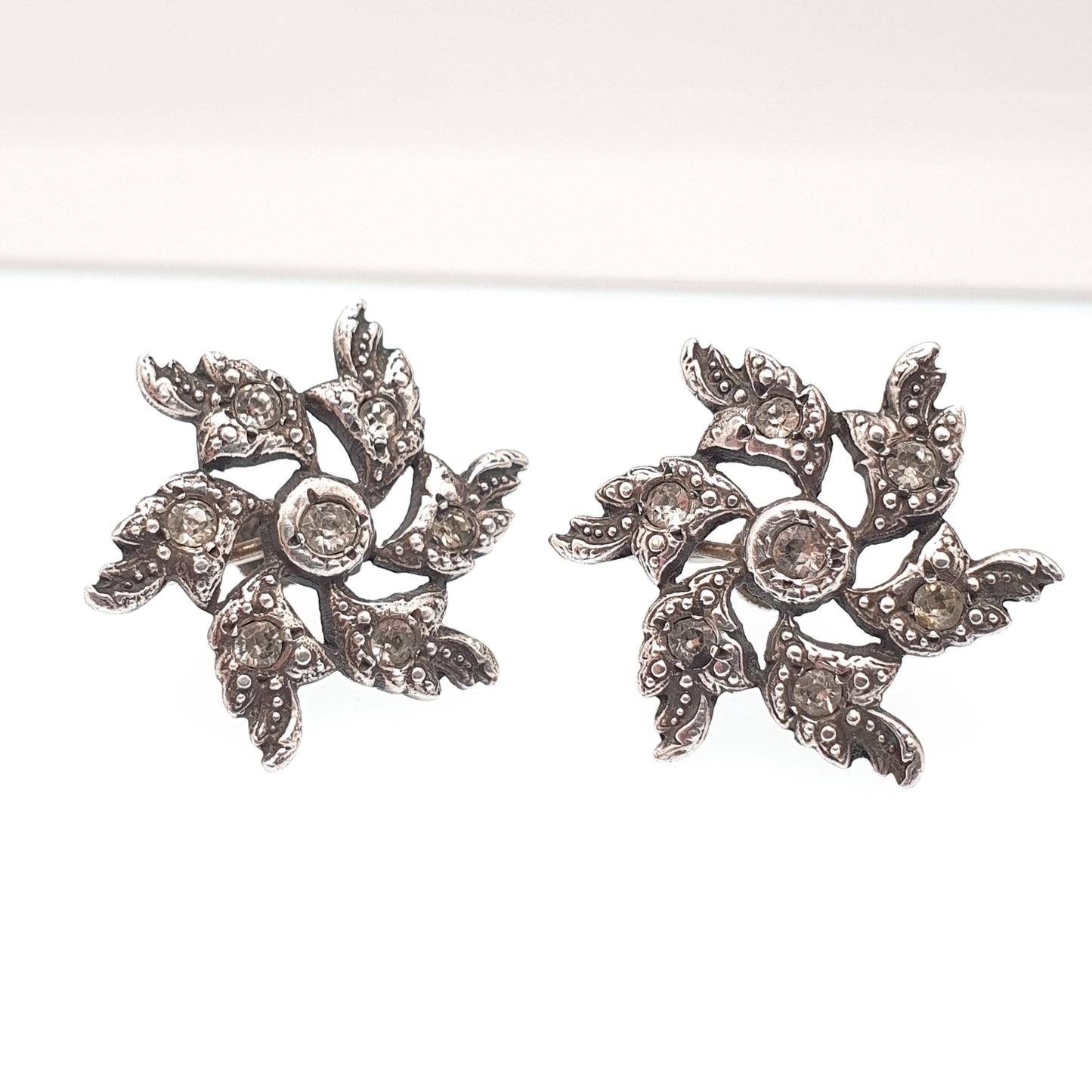 Antique Victorian Sterling Silver Diamond Paste Spiral Earrings Snowflake Flower Rare Vintage 1800s Jewelry