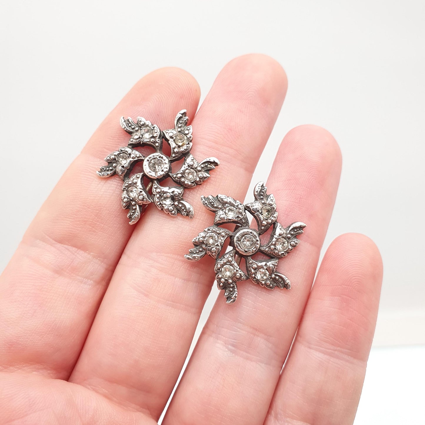 Antique Victorian Sterling Silver Diamond Paste Spiral Earrings Snowflake Flower Rare Vintage 1800s Jewelry