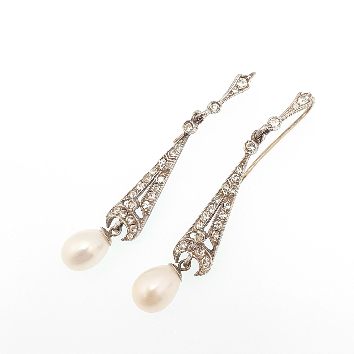 Antique 9ct Gold Pearl Earrings Sterling Silver Diamond Paste Hook Hanging Cultured Dangle Drop Jewelry Jewellery