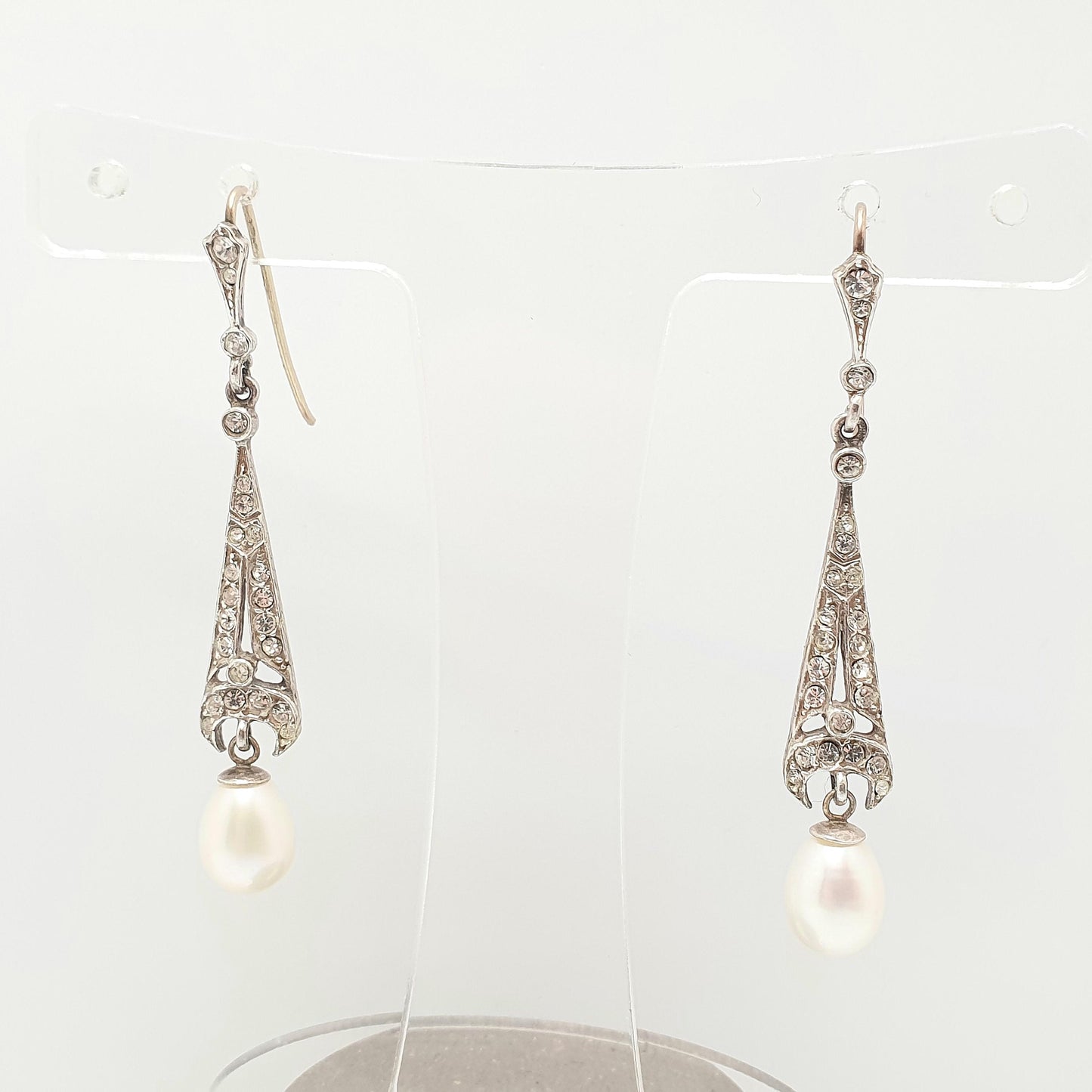 Antique 9ct Gold Pearl Earrings Sterling Silver Diamond Paste Hook Hanging Cultured Dangle Drop Jewelry Jewellery