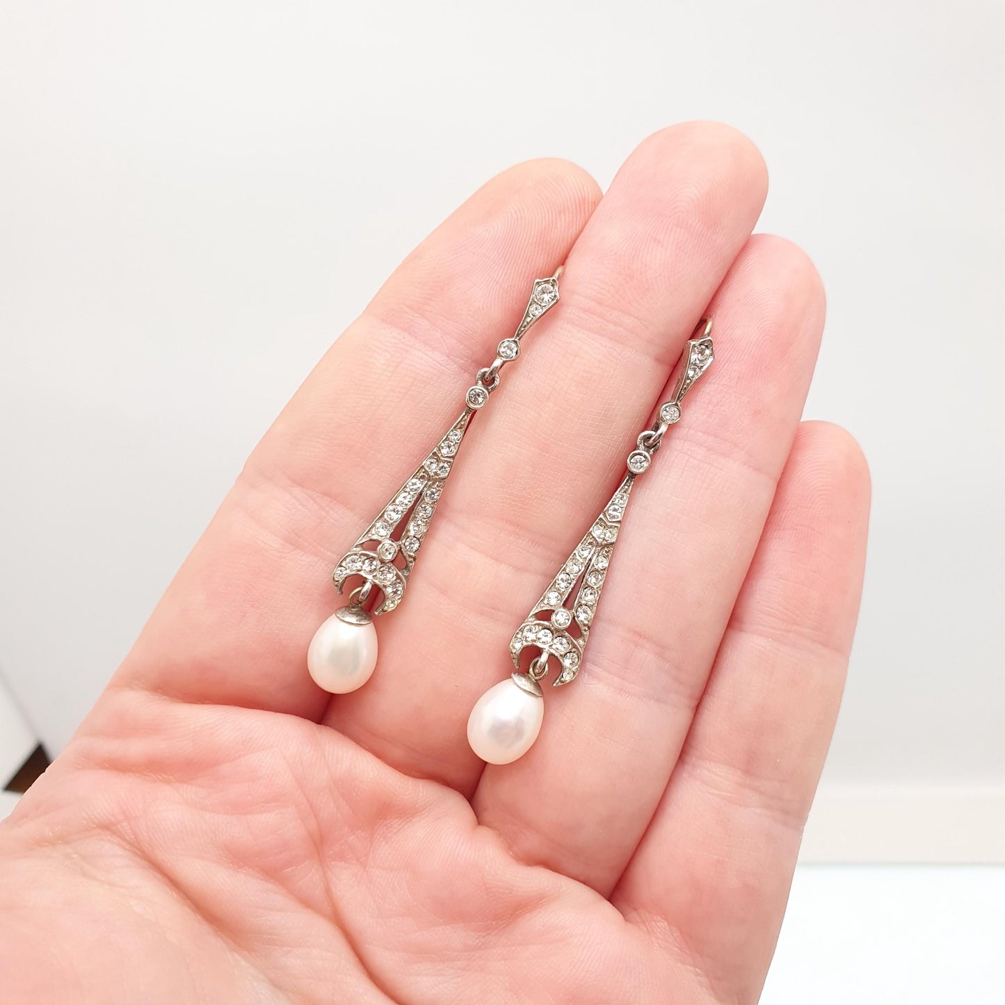Antique 9ct Gold Pearl Earrings Sterling Silver Diamond Paste Hook Hanging Cultured Dangle Drop Jewelry Jewellery