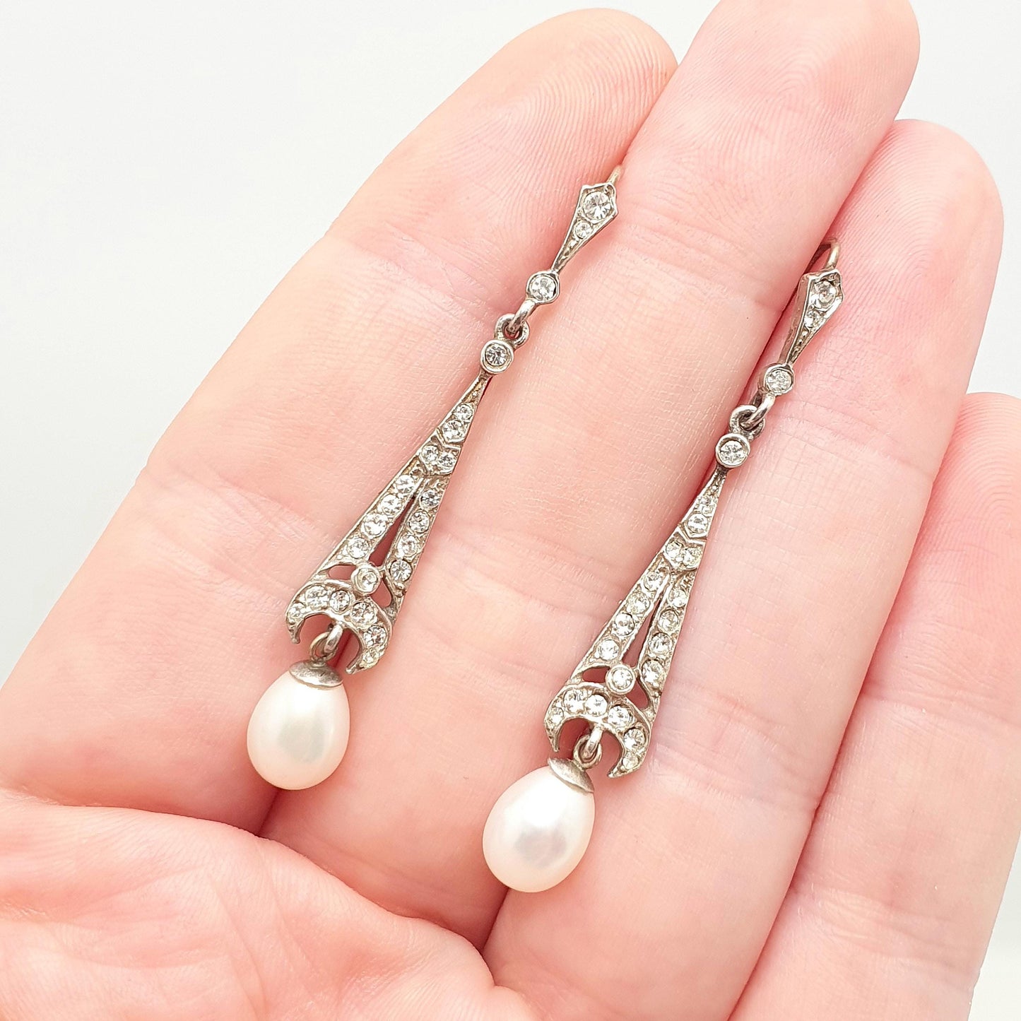 Antique 9ct Gold Pearl Earrings Sterling Silver Diamond Paste Hook Hanging Cultured Dangle Drop Jewelry Jewellery