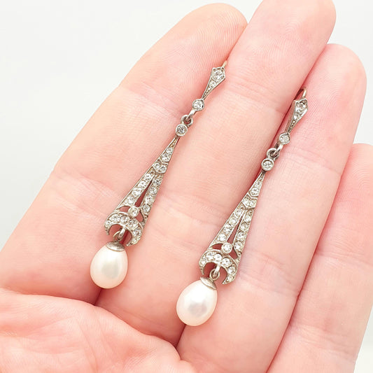 Antique 9ct Gold Pearl Earrings Sterling Silver Diamond Paste Hook Hanging Cultured Dangle Drop Jewelry Jewellery