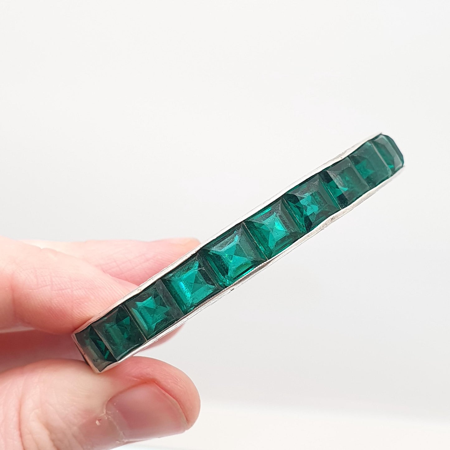 Antique Sterling Silver Emerald Paste Bangle Snap Bracelet Channel Set Art Deco Vintage 1920s 27.36g Womens Jewelry Jewellery