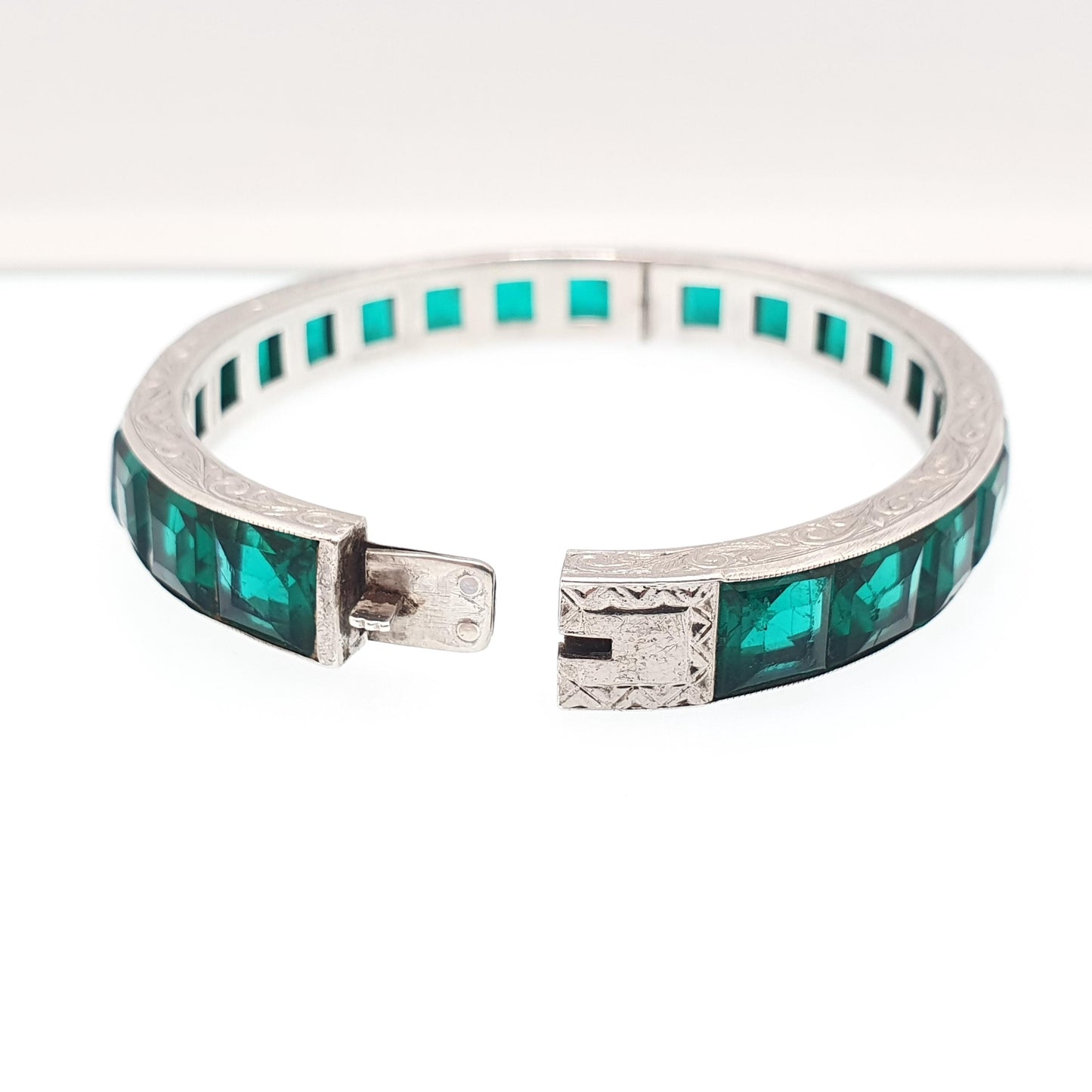 Antique Sterling Silver Emerald Paste Bangle Snap Bracelet Channel Set Art Deco Vintage 1920s 27.36g Womens Jewelry Jewellery