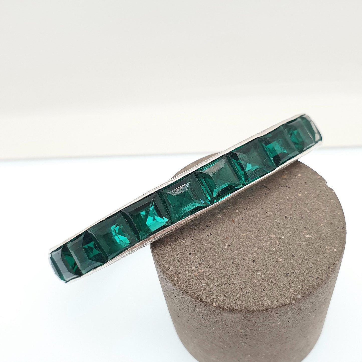 Antique Sterling Silver Emerald Paste Bangle Snap Bracelet Channel Set Art Deco Vintage 1920s 27.36g Womens Jewelry Jewellery