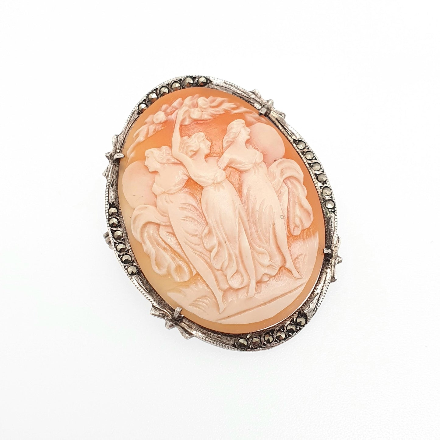 Antique Solid Silver Three Graces Cameo Necklace Pendant Brooch Marcasite Art Deco Shell Hand Carved Italian Jewelry Jewellery Jewelry