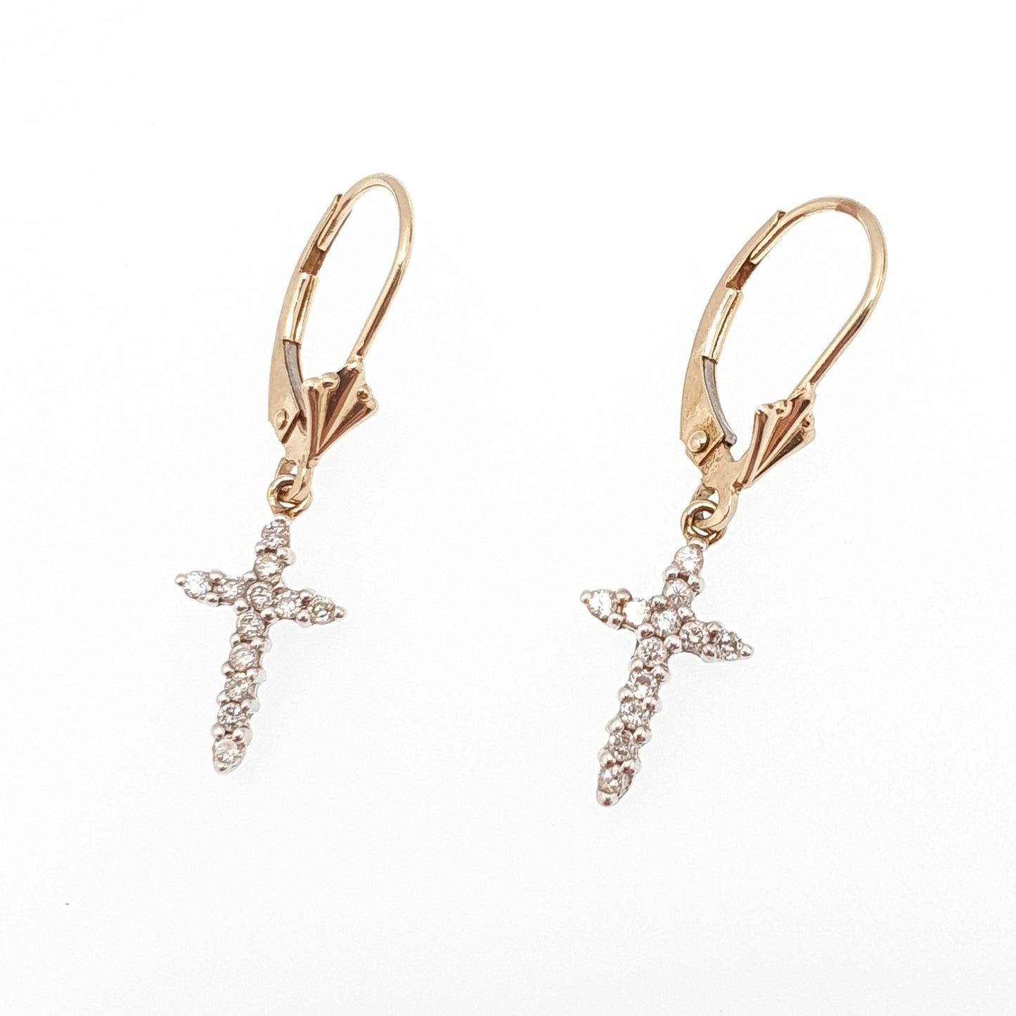 Vintage 9k 9ct Gold Diamond Cross Earrings Crucifix Genuine Diamond Hook Dangle Brilliant Cut Solid 375 Jewelry Retro Jewellery