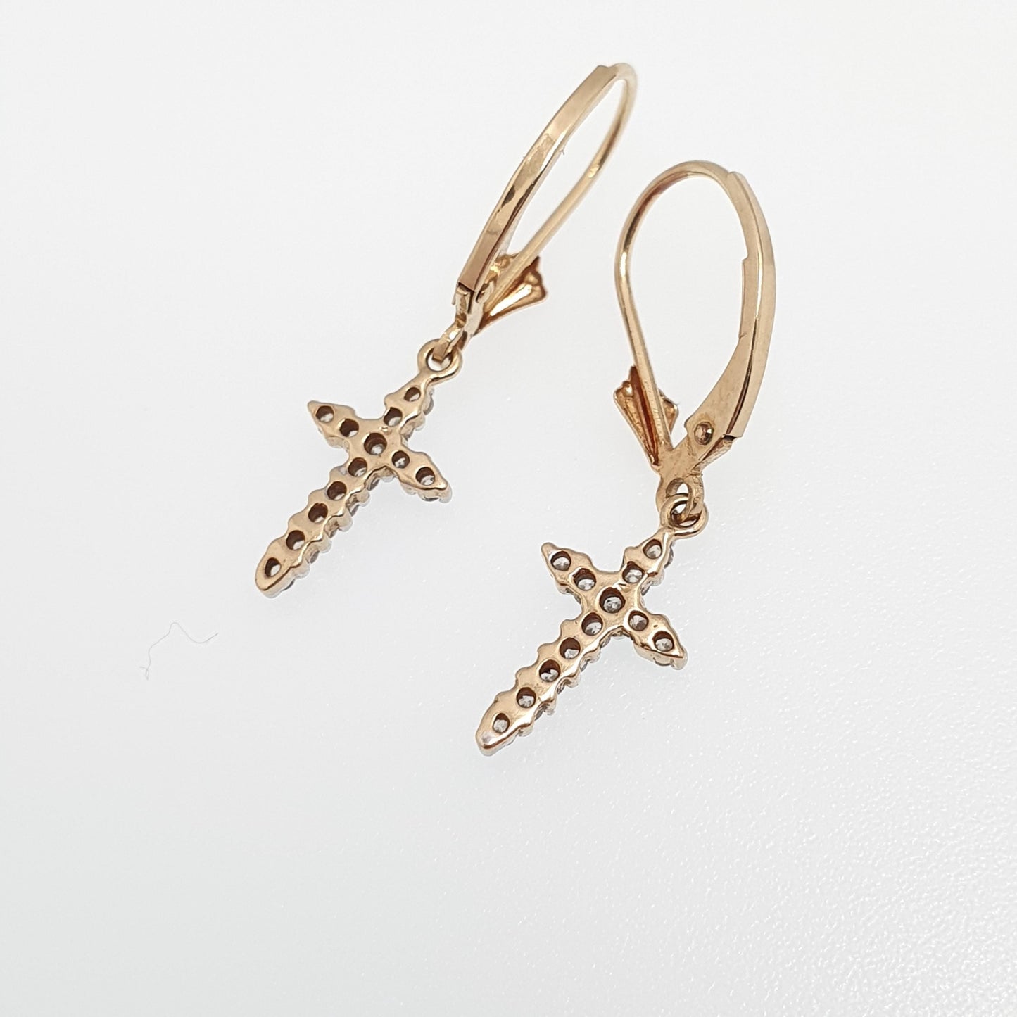 Vintage 9k 9ct Gold Diamond Cross Earrings Crucifix Genuine Diamond Hook Dangle Brilliant Cut Solid 375 Jewelry Retro Jewellery