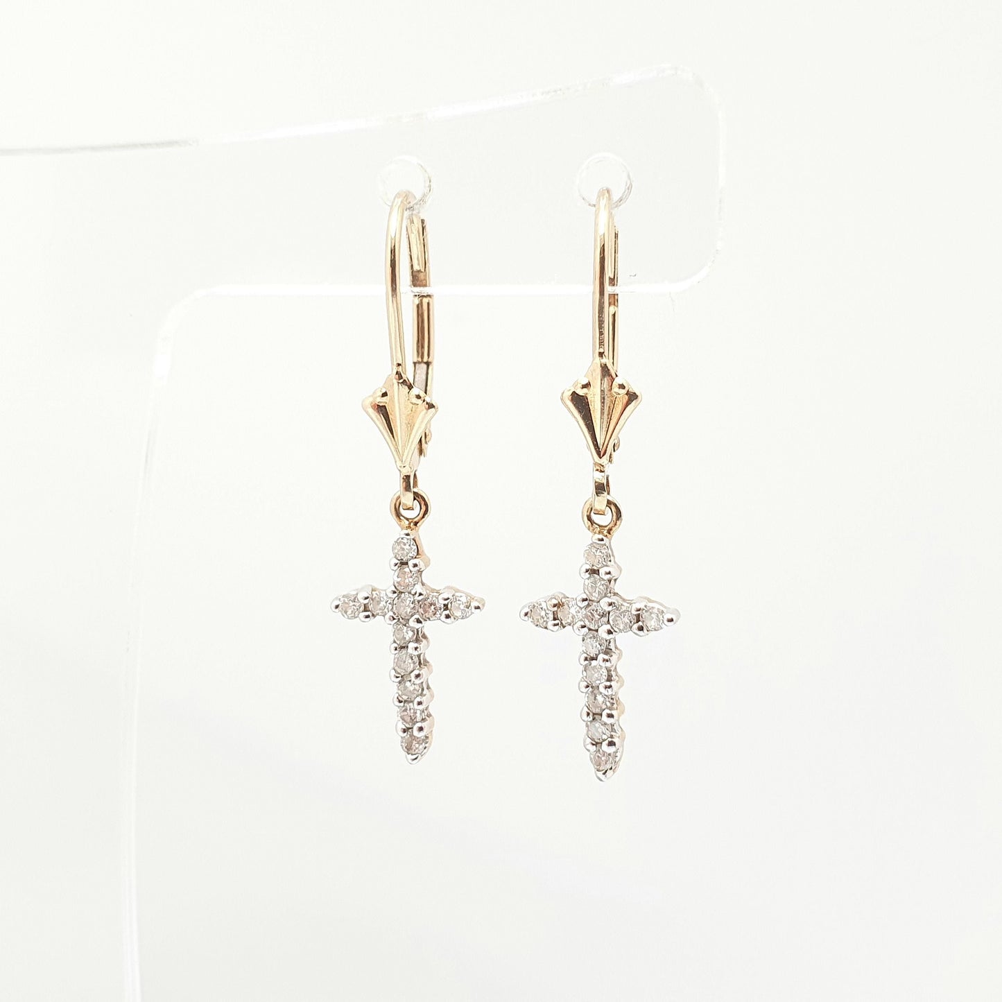 Vintage 9k 9ct Gold Diamond Cross Earrings Crucifix Genuine Diamond Hook Dangle Brilliant Cut Solid 375 Jewelry Retro Jewellery