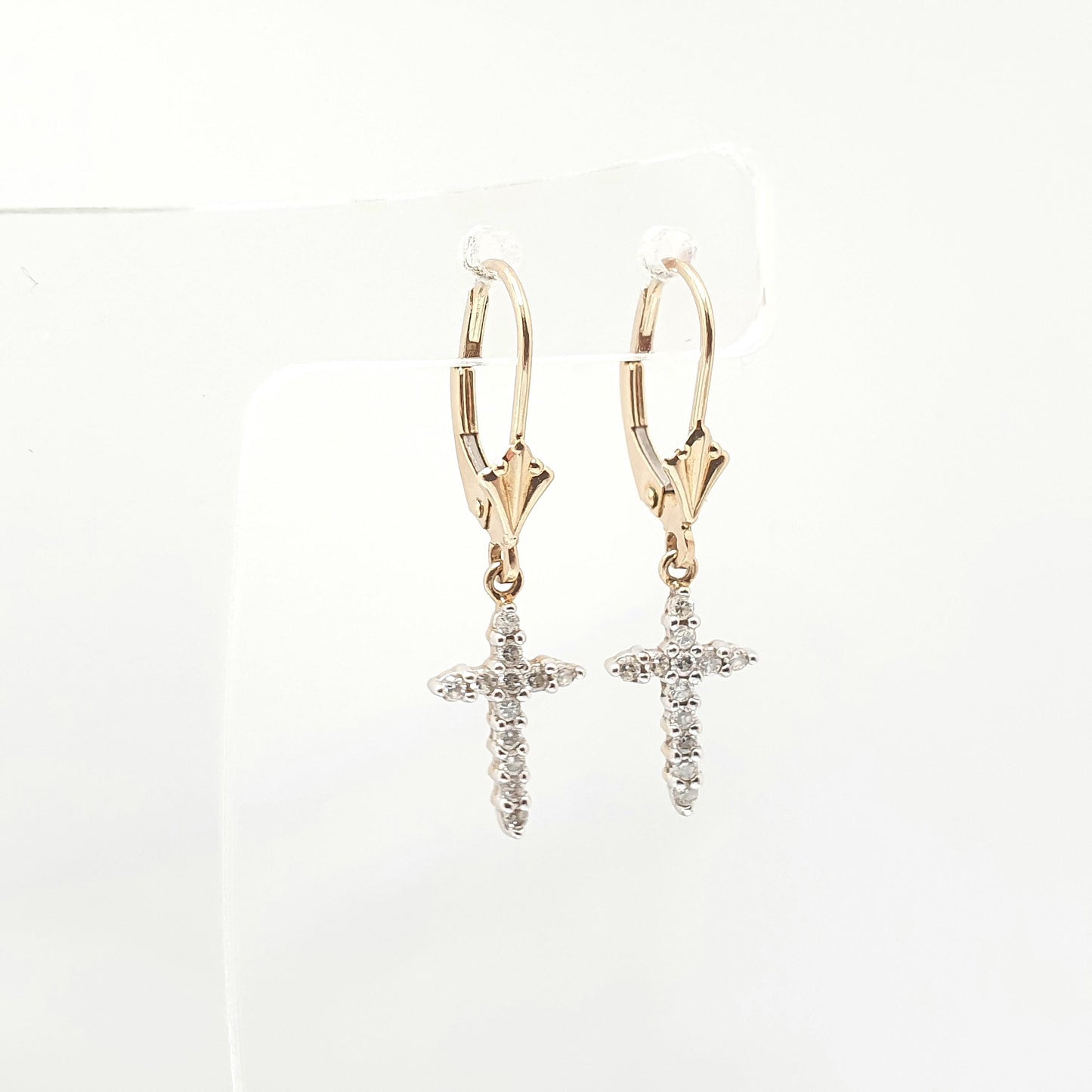 Vintage 9k 9ct Gold Diamond Cross Earrings Crucifix Genuine Diamond Hook Dangle Brilliant Cut Solid 375 Jewelry Retro Jewellery