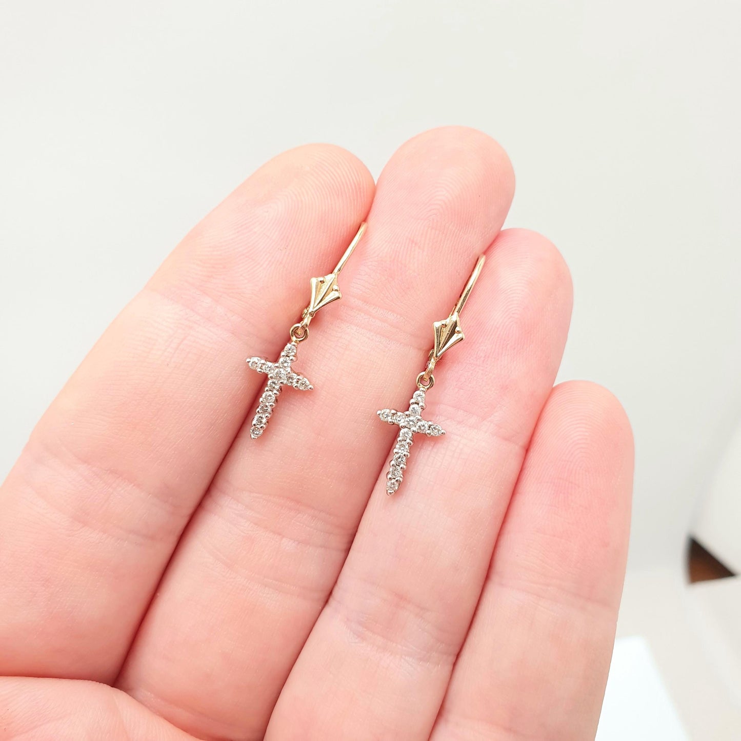 Vintage 9k 9ct Gold Diamond Cross Earrings Crucifix Genuine Diamond Hook Dangle Brilliant Cut Solid 375 Jewelry Retro Jewellery