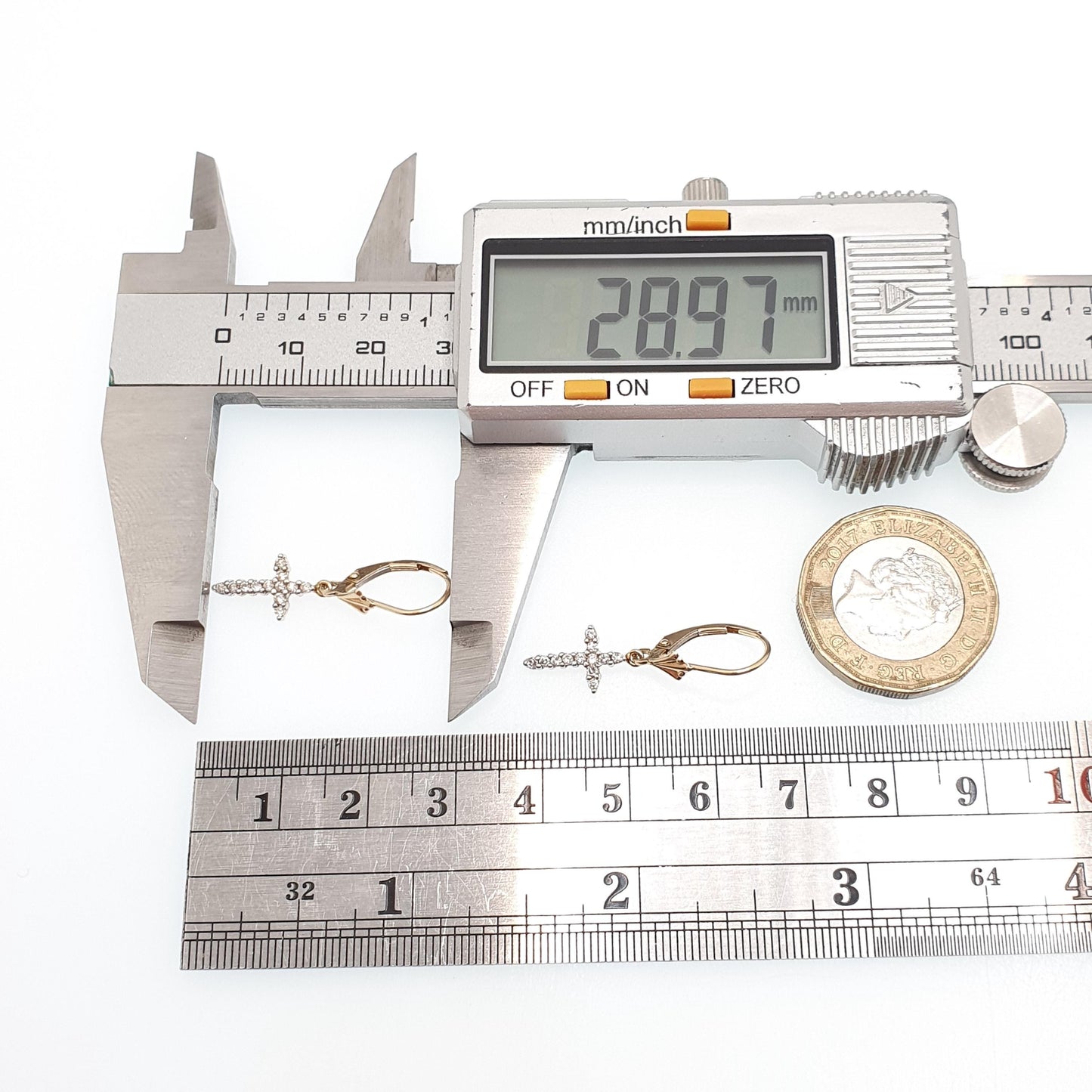 Vintage 9k 9ct Gold Diamond Cross Earrings Crucifix Genuine Diamond Hook Dangle Brilliant Cut Solid 375 Jewelry Retro Jewellery