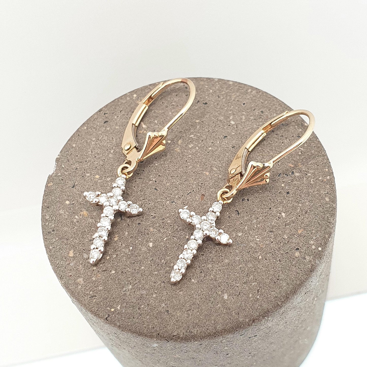 Vintage 9k 9ct Gold Diamond Cross Earrings Crucifix Genuine Diamond Hook Dangle Brilliant Cut Solid 375 Jewelry Retro Jewellery