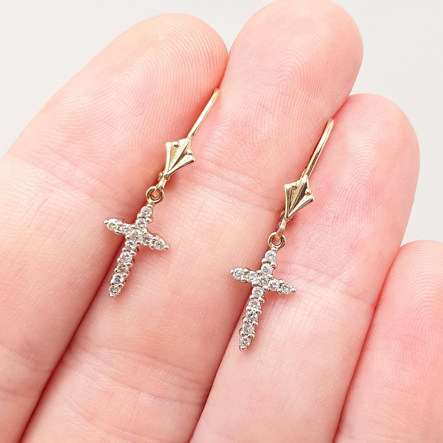 Vintage 9k 9ct Gold Diamond Cross Earrings Crucifix Genuine Diamond Hook Dangle Brilliant Cut Solid 375 Jewelry Retro Jewellery