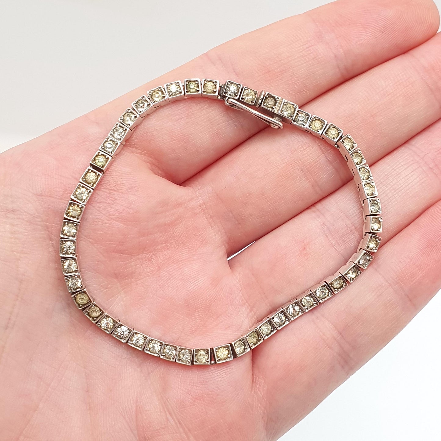 Antique Sterling Silver Diamond Paste Bracelet Art Deco Square Link Genuine 1920s Vintage 11.25g Sparkly Cocktail Womens Jewelry Jewellery