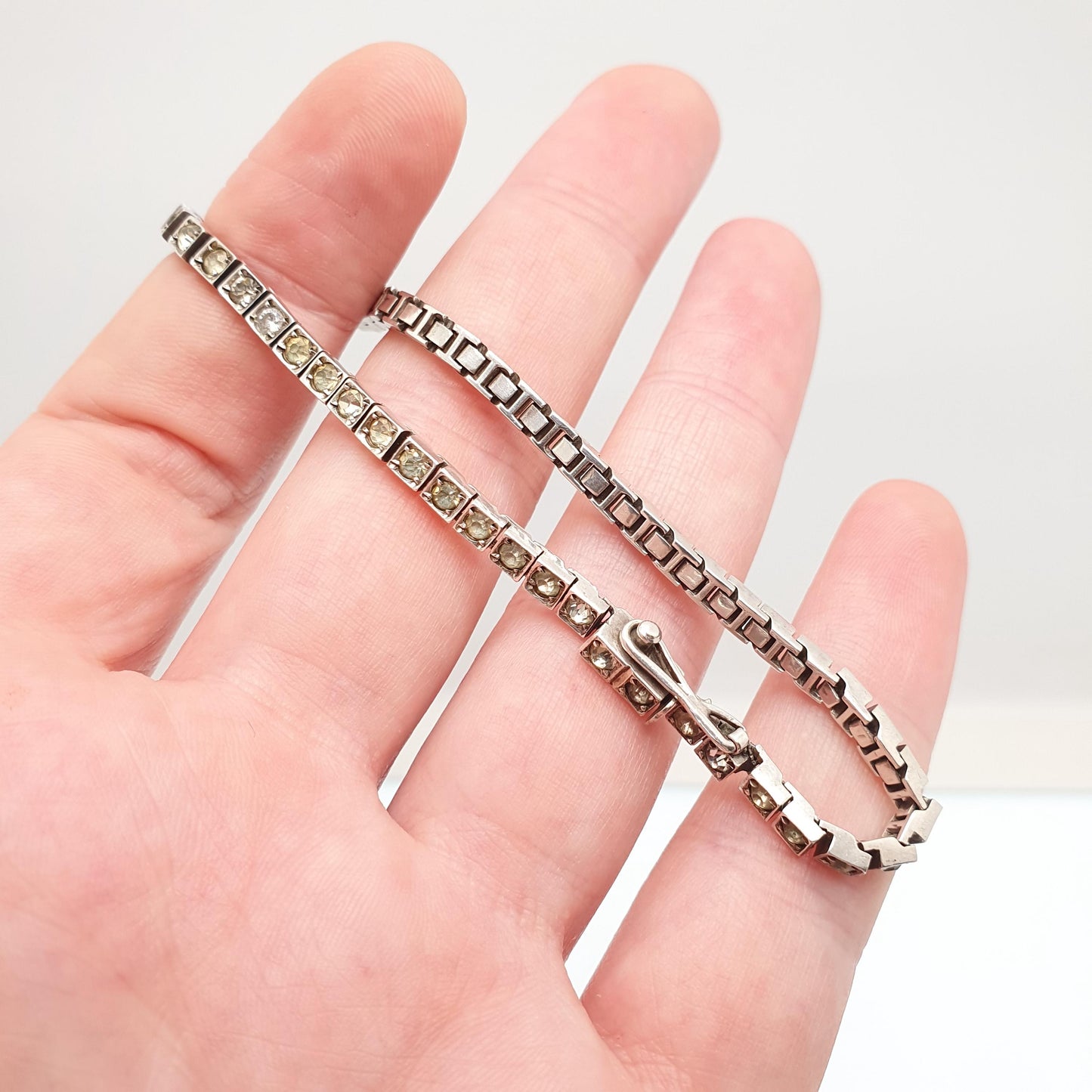 Antique Sterling Silver Diamond Paste Bracelet Art Deco Square Link Genuine 1920s Vintage 11.25g Sparkly Cocktail Womens Jewelry Jewellery