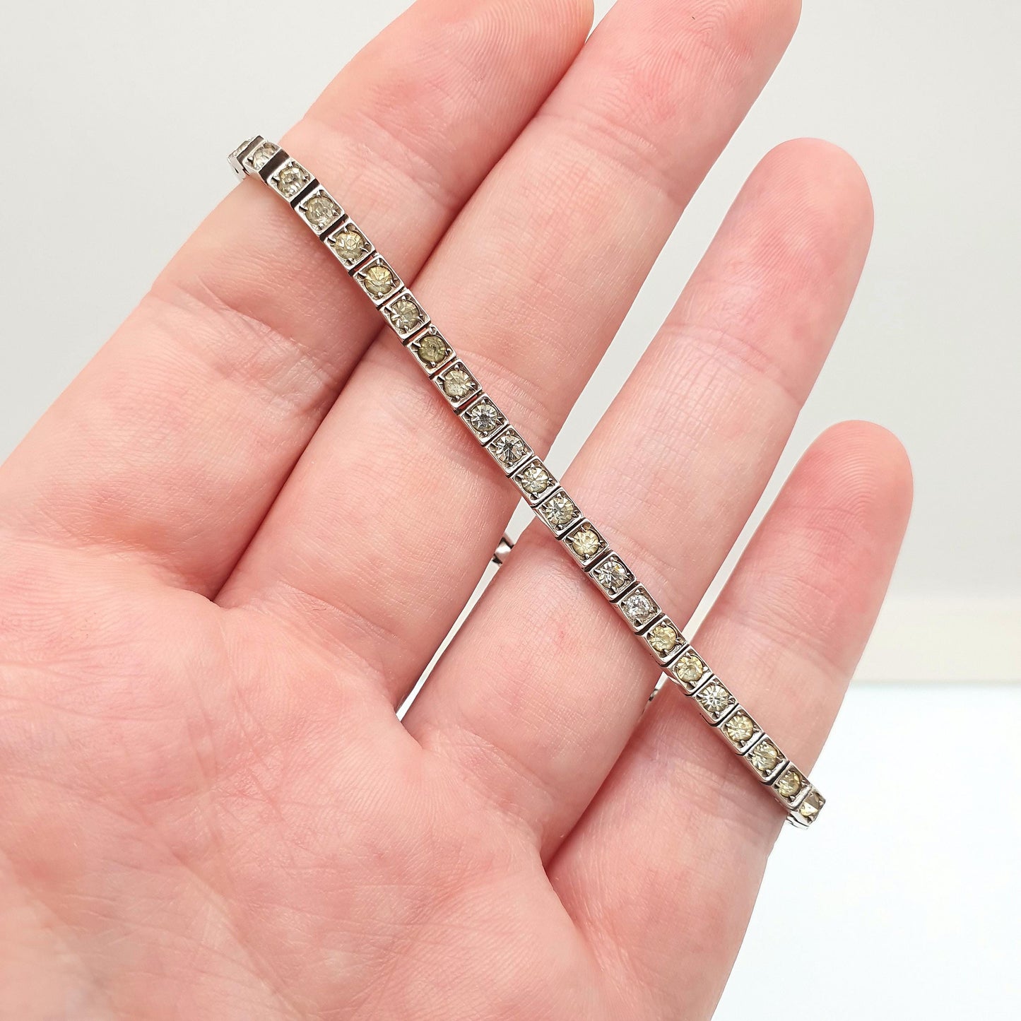 Antique Sterling Silver Diamond Paste Bracelet Art Deco Square Link Genuine 1920s Vintage 11.25g Sparkly Cocktail Womens Jewelry Jewellery