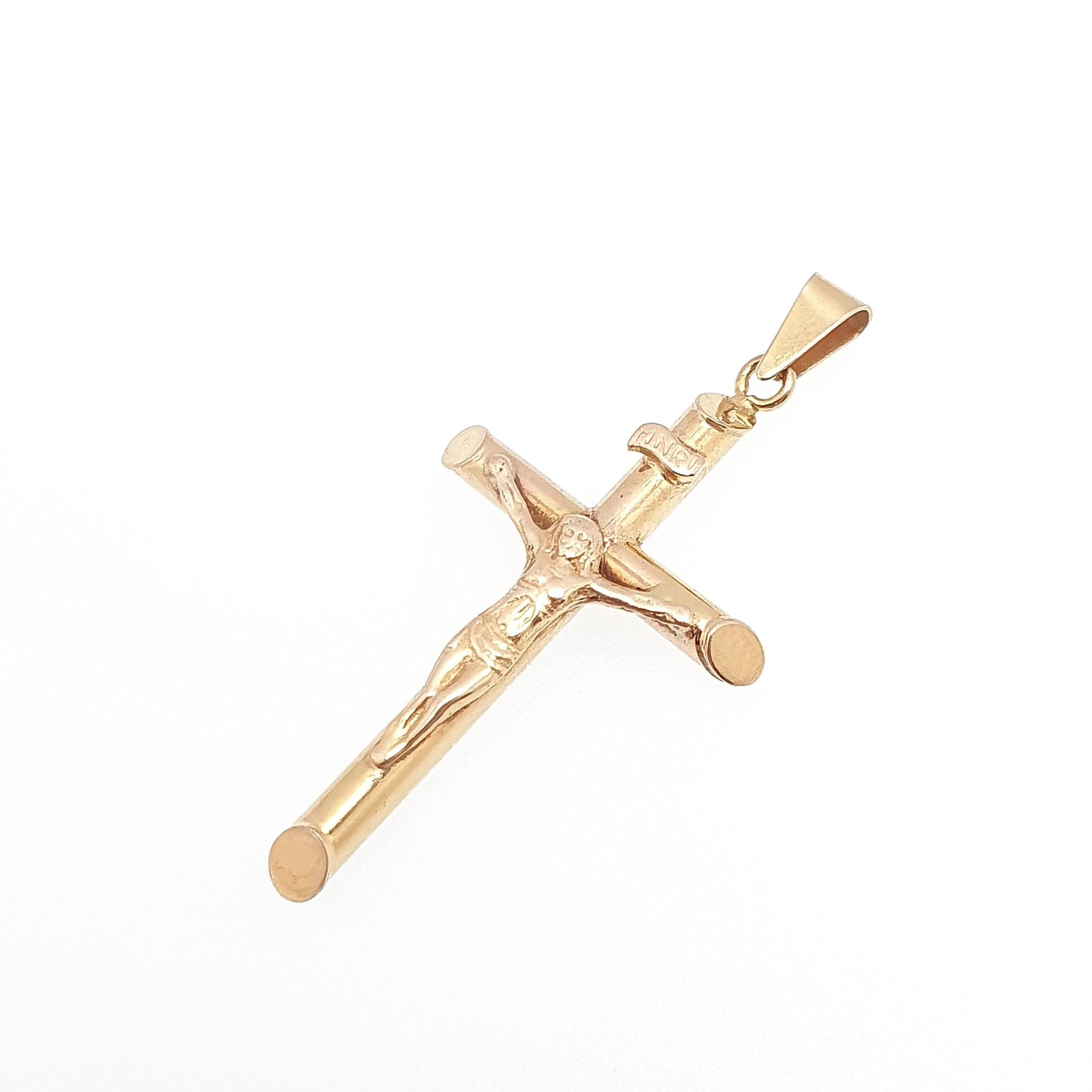 Vintage 9k 9ct Gold Jesus On The Cross Crucifix Necklace Pendant Italy INRI Solid 375 Christian Religious Mens Womens Jewelry Jewellery