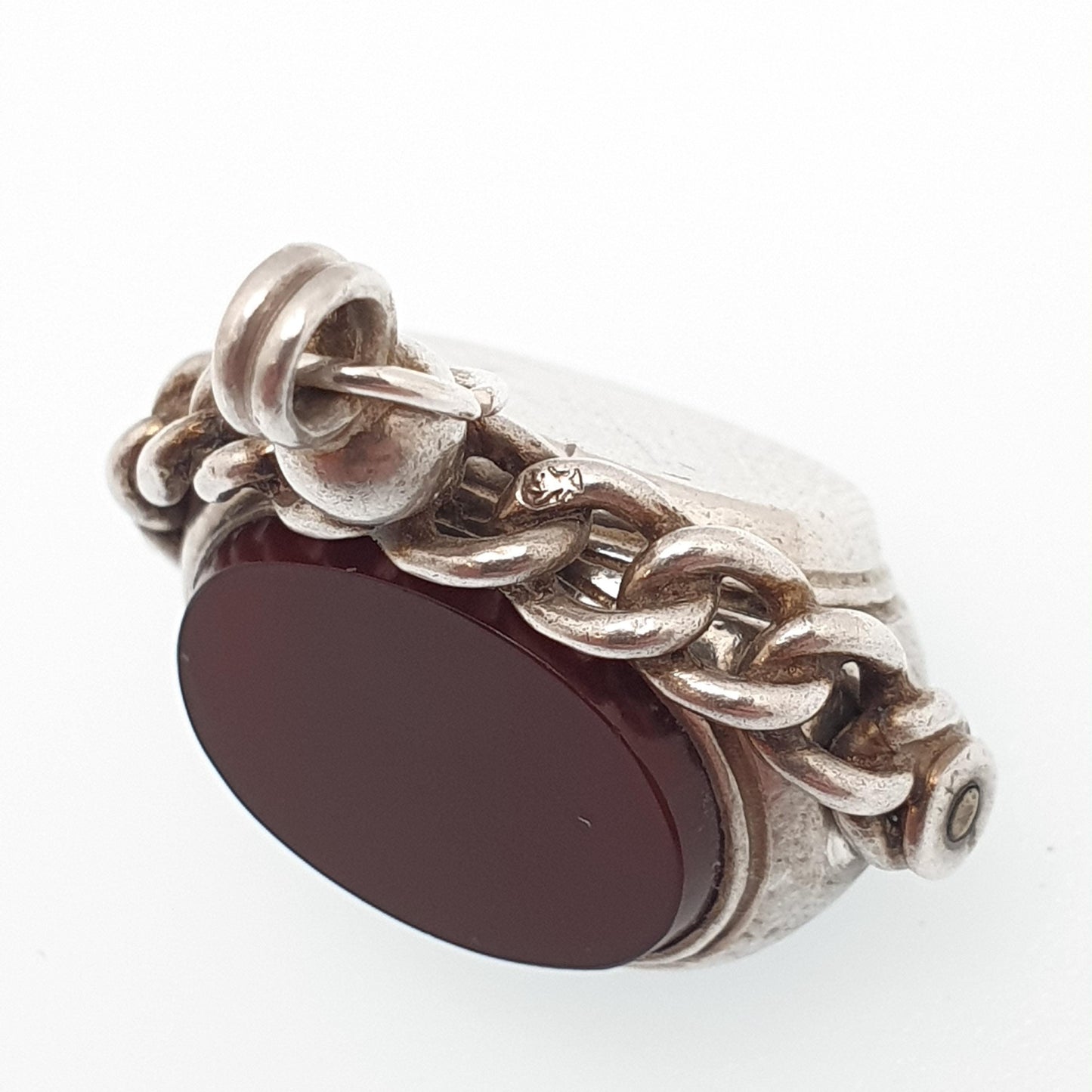 Antique Sterling Silver Spinner Bloodstone Fob Necklace Pendant Curb Border Carnelian Triple Vintage Mens Womens Jewelry Jewellery