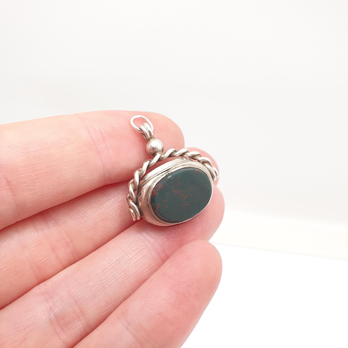 Antique Sterling Silver Spinner Bloodstone Fob Necklace Pendant Curb Border Carnelian Triple Vintage Mens Womens Jewelry Jewellery