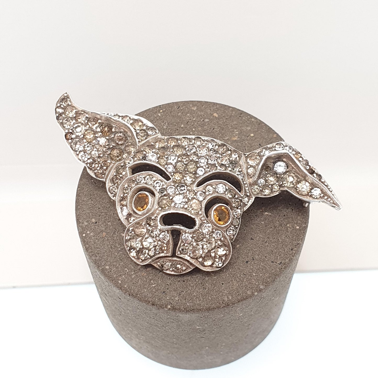 Antique Solid Silver Dog Brooch Diamond Paste Bulldog Art Deco Genuine Vintage Pet  Mens Jewelry