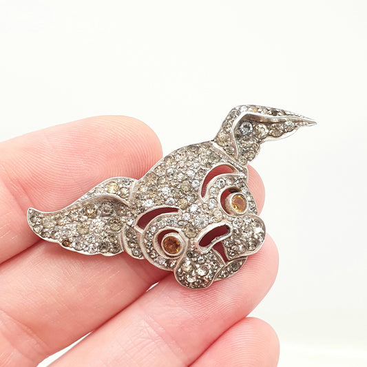 Antique Solid Silver Dog Brooch Diamond Paste Bulldog Art Deco Genuine Vintage Pet  Mens Jewelry