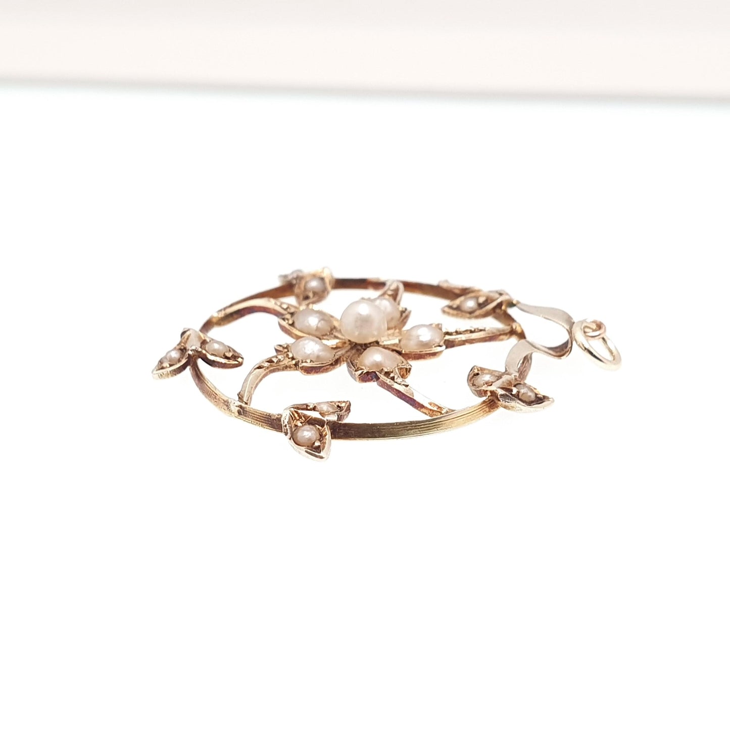 Antique 9ct Gold Seed Pearl Necklace Pendant Star Flower Art Nouveau Swirl Spiral Solid 9k 375 Victorian Vintage Jewellery Jewelry