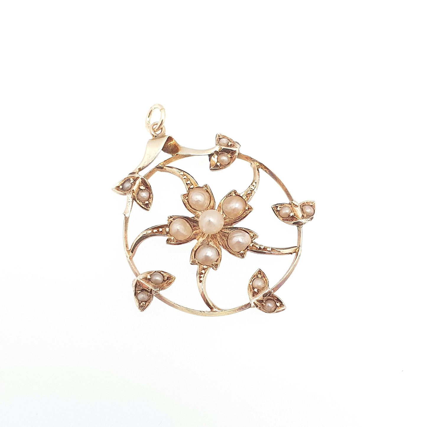 Antique 9ct Gold Seed Pearl Necklace Pendant Star Flower Art Nouveau Swirl Spiral Solid 9k 375 Victorian Vintage Jewellery Jewelry