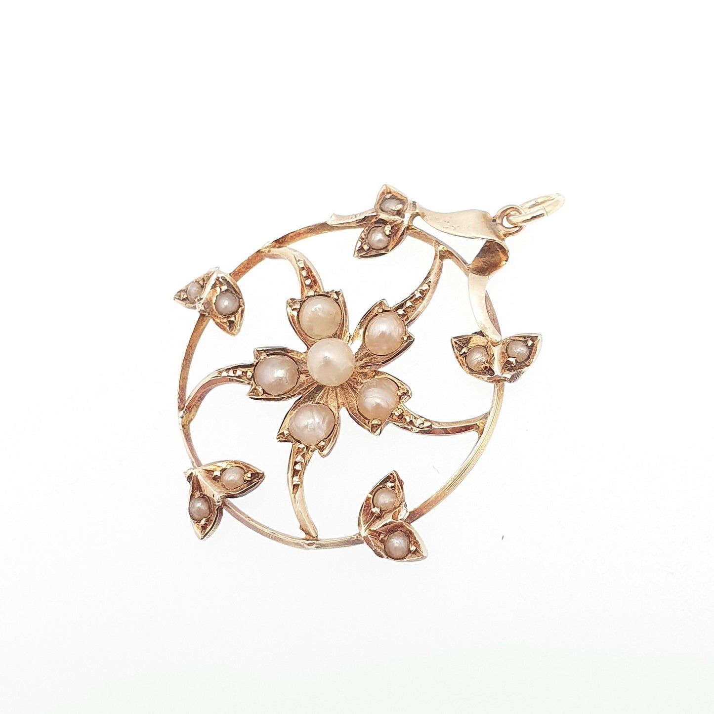 Antique 9ct Gold Seed Pearl Necklace Pendant Star Flower Art Nouveau Swirl Spiral Solid 9k 375 Victorian Vintage Jewellery Jewelry