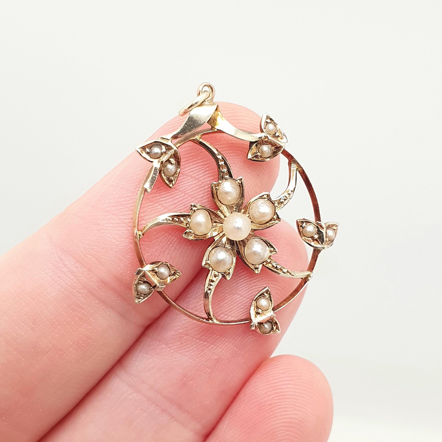 Antique 9ct Gold Seed Pearl Necklace Pendant Star Flower Art Nouveau Swirl Spiral Solid 9k 375 Victorian Vintage Jewellery Jewelry