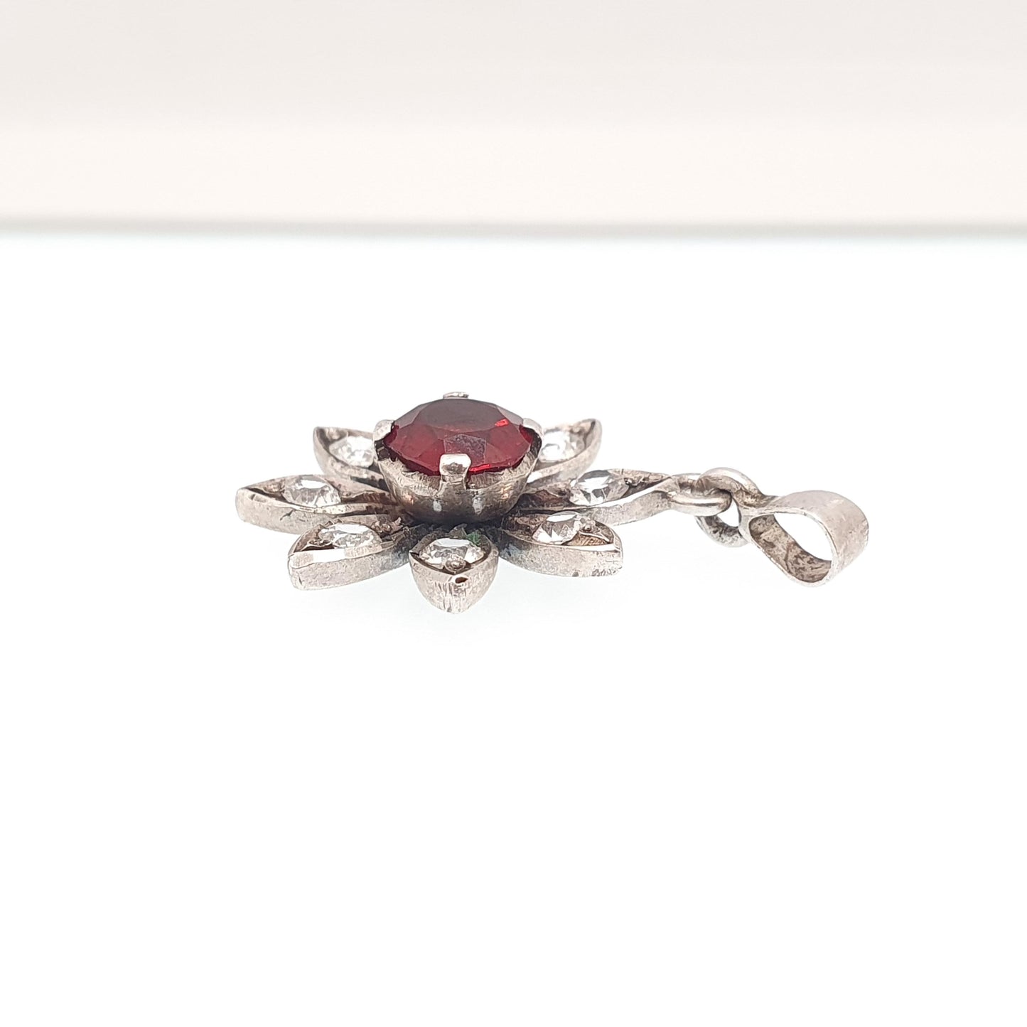Antique Victorian Solid Silver Garnet & White Sapphire Pendant Flower Necklace Genuine Gemstones Vintage Womens Jewelry Jewellery