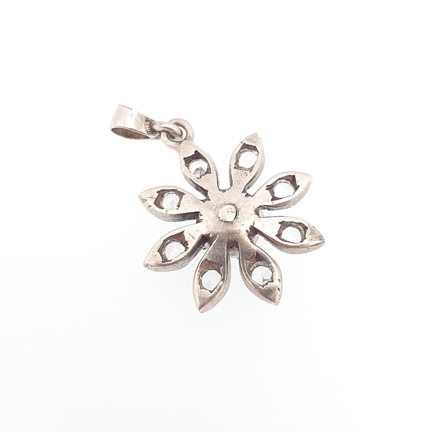 Antique Victorian Solid Silver Garnet & White Sapphire Pendant Flower Necklace Genuine Gemstones Vintage Womens Jewelry Jewellery